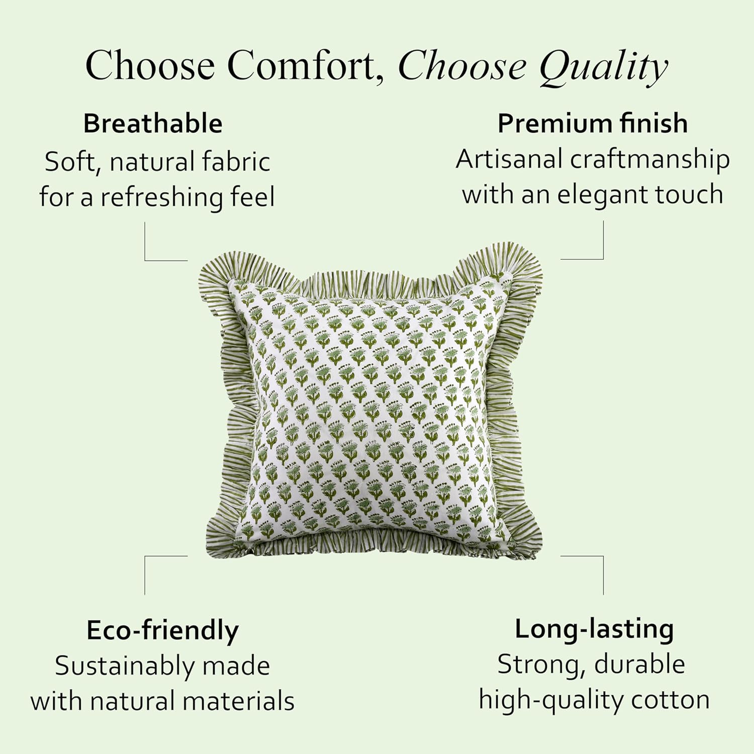 CPC Emerald Green Ruffle Throw Pillow Covers for Couch, 18x18 Inch Cotton Stripe Ruffle Couch Pillows for Living Room, Hidden 14 Inch Zipper Boho Pillow Case or Cute Outdoor Pillows - Image 6