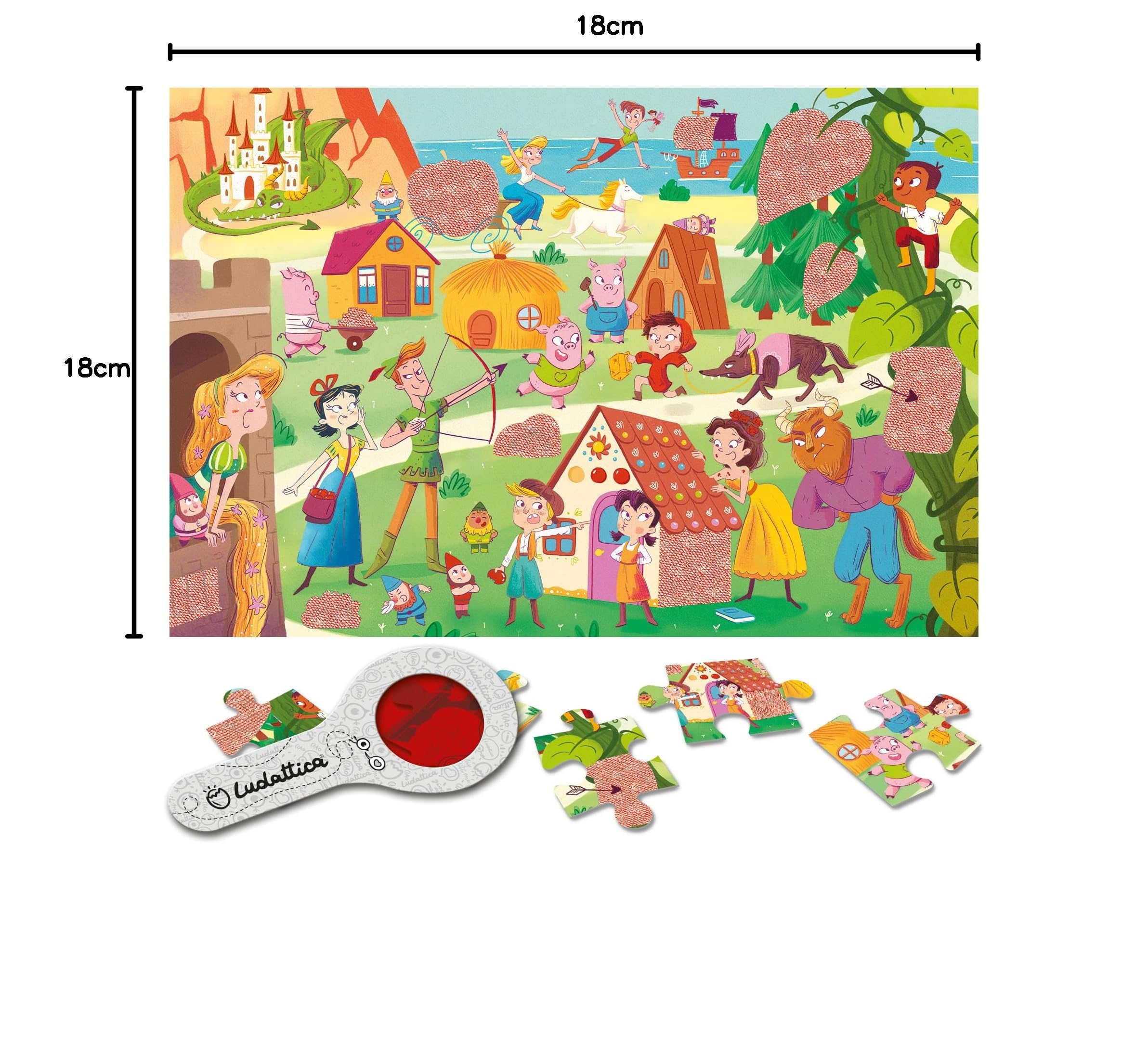Ludattica - Geheimes Puzzle, 24 Maxi-Teile | Format 50 x 35 cm | mit Spion-Linse im Lieferumfang enthalten | Märchenfiguren | Lernspiel für Kinder ab 3 Jahren | Made in Italy