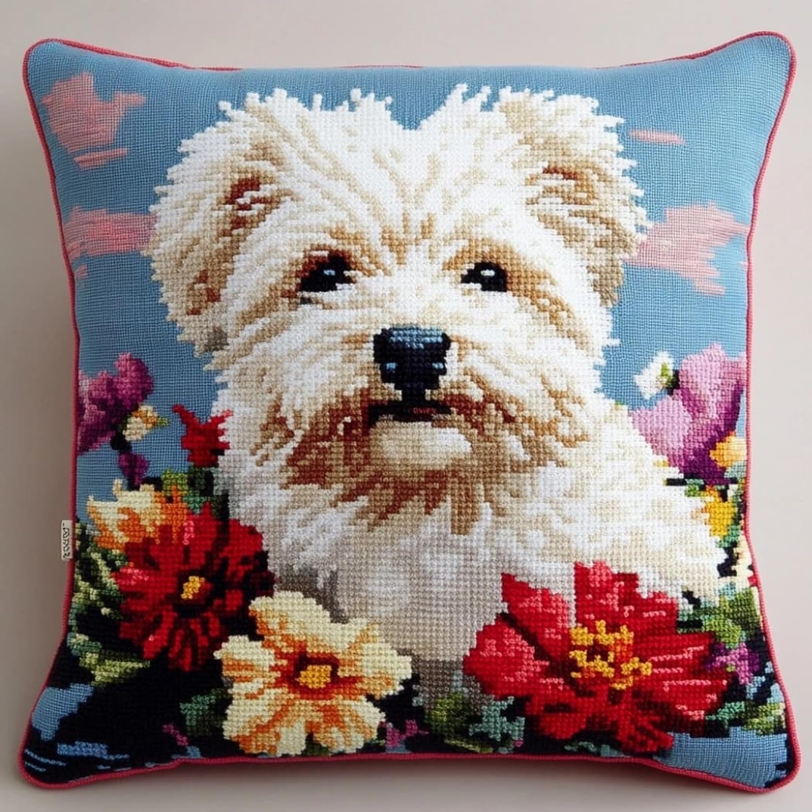 WallustrioaW 11CT Pre Printed Cross Stitch Kits,West Highland White Peony in the Flowerbed,DIY Embroidery Pillow Covers Kit DIY Handmade Needlework Cushion for Beginners,45x45cm