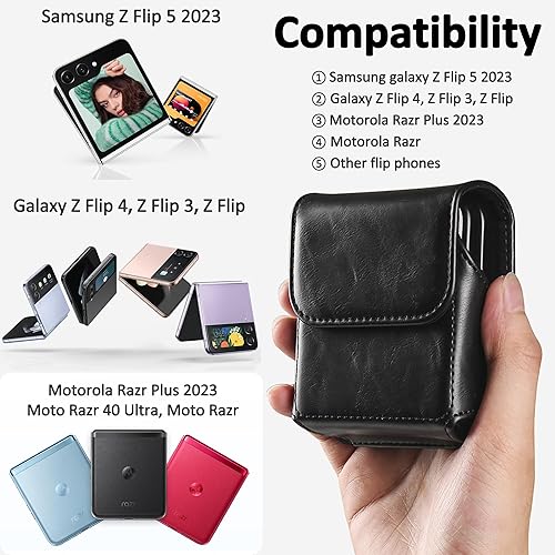 Miniatura 2 de Funda para Samsung Galaxy Z Flip 765, funda de cuero de alta calidad con clip para cinturón para Motorola Razr Plus, Moto Razr - Negro