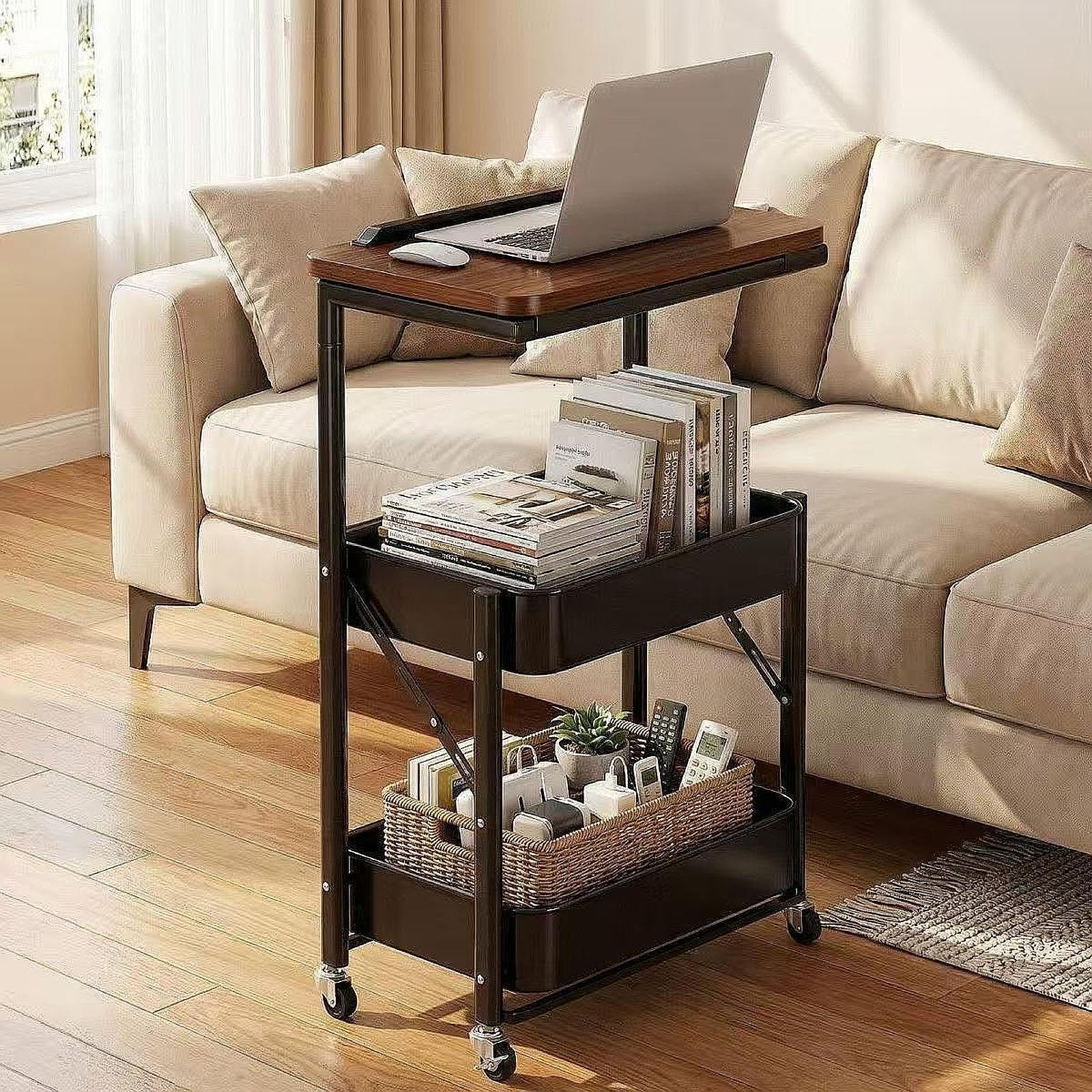 Carrito utilitario con Ruedas, Organizador versátil, Noche portátil con Estante para el hogar, Sala Estar, Negro