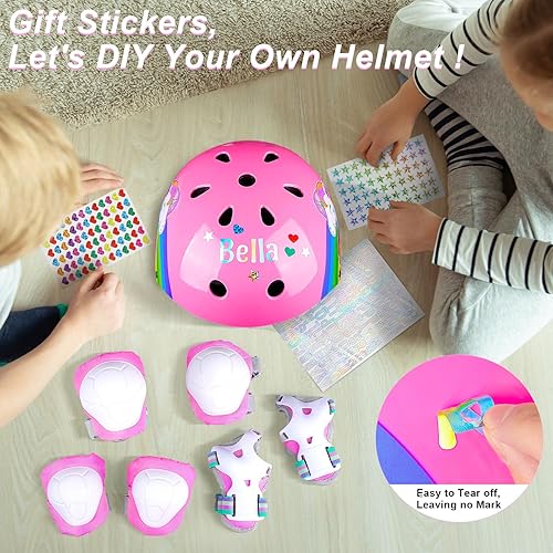 Miniatura 9 de Casco de bicicleta para niños, cascos para niños de 5 a 8 años con calcomanías de bricolaje, rodilleras y coderas para niños, casco ajustable de