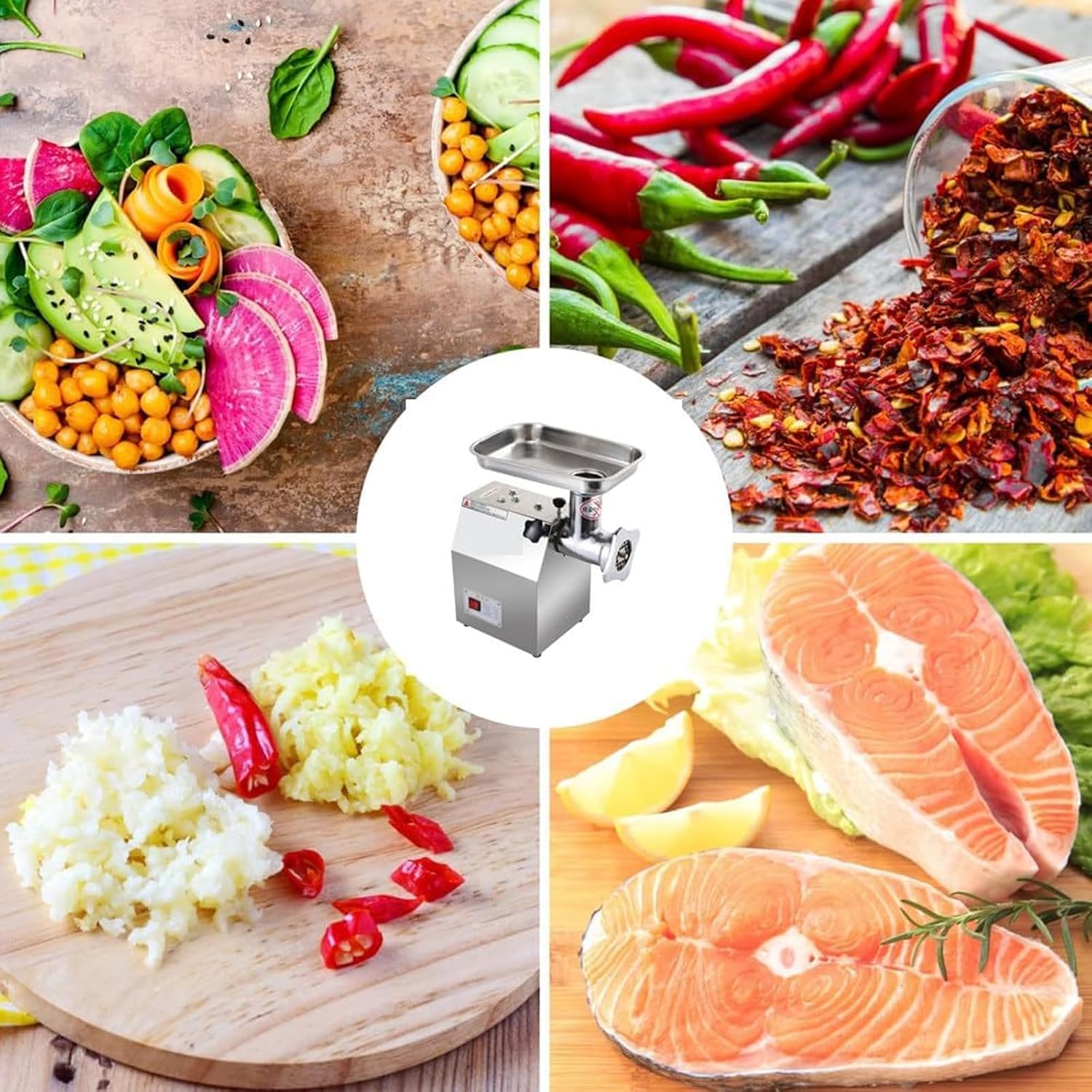 Collage of various food items that can be processed by the meat grinder, including fresh vegetables, chili flakes, minced garlic, and salmon fillets.