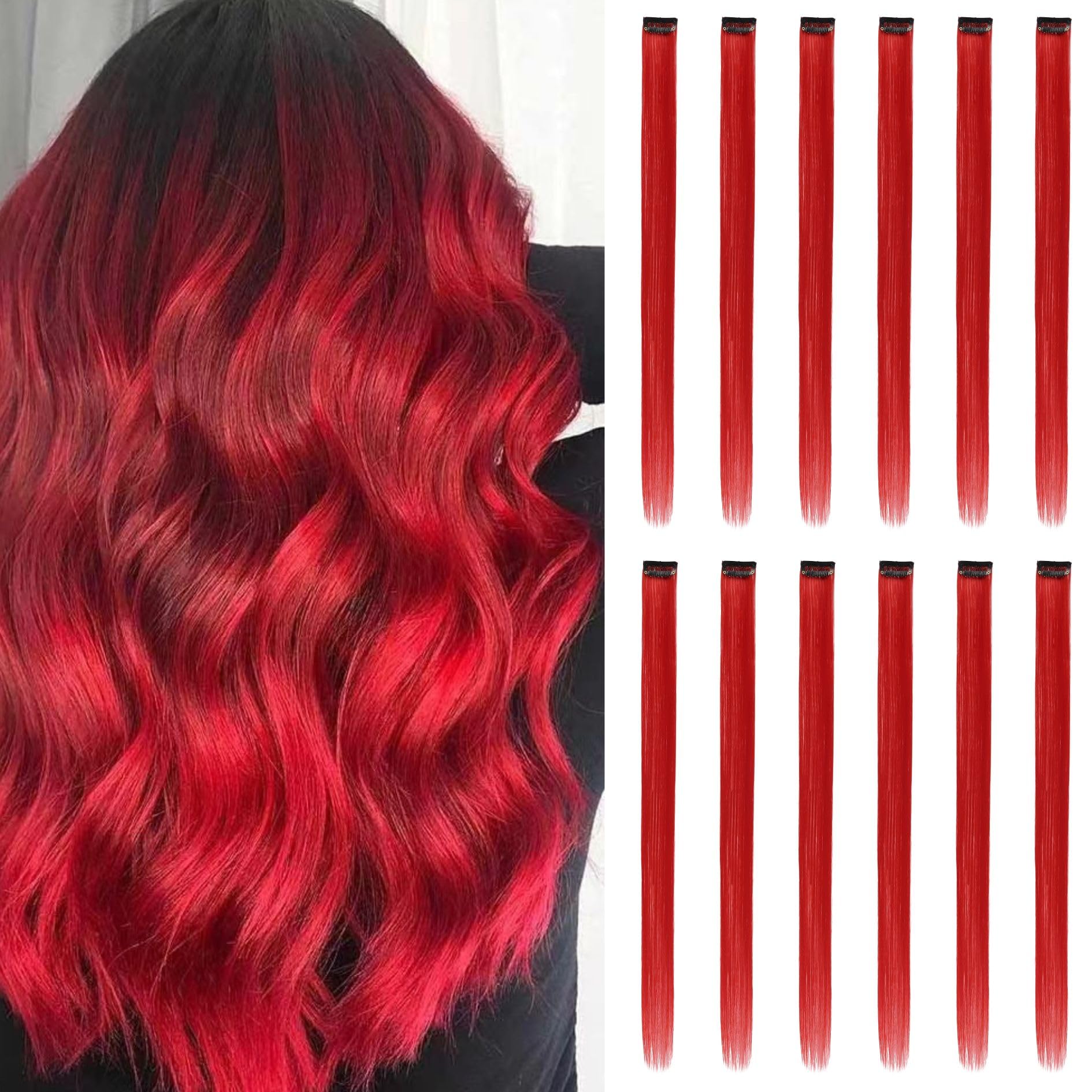 Colored Hair Extensions Clip In, 12 Pieces, Red, 12 Pcs Red, 22 Inch (Pack of 1)