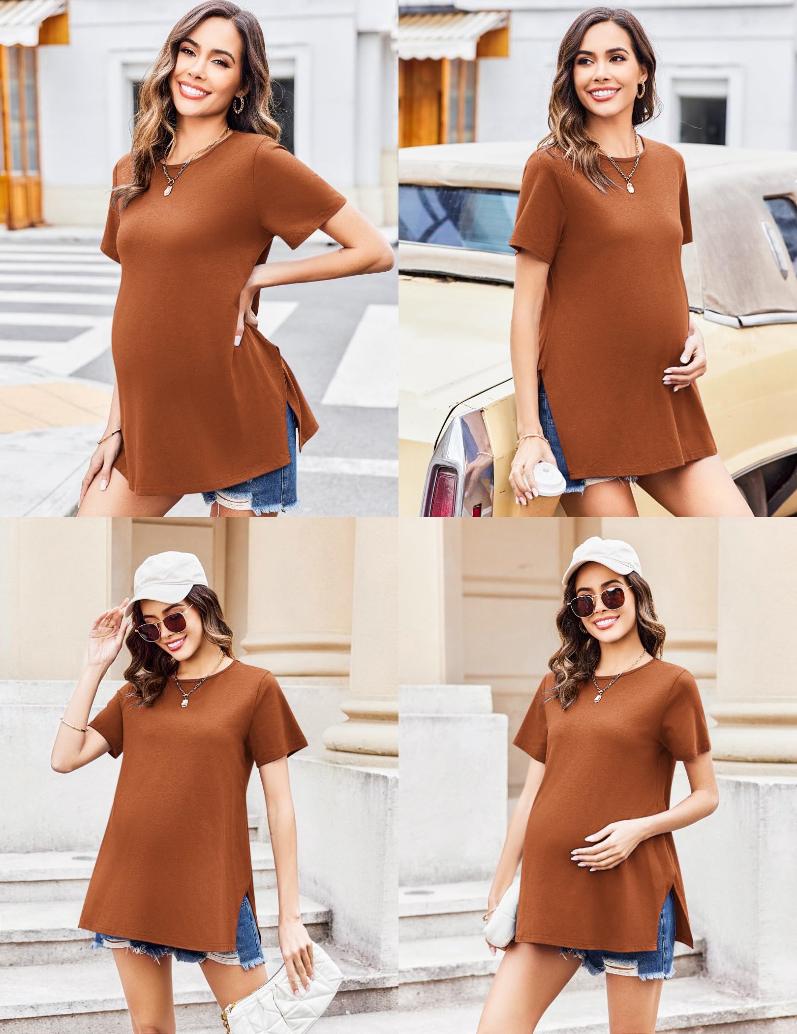 Ekouaer 3 Paquetes Blusas premamá de Manga Corta Corte Holgado Camiseta básica Aberturas Laterales S-XXL
