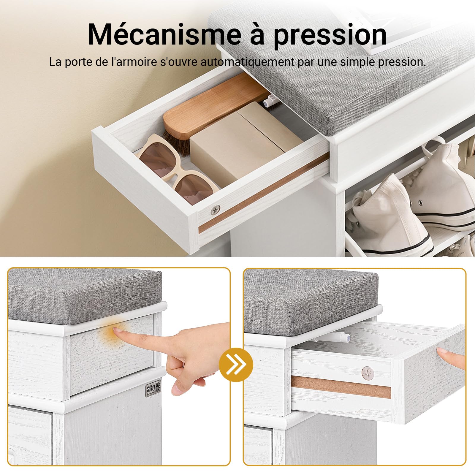 SoBuy Banc Chaussures avec Coussin 104x24x54cm pour Entrée | Meuble à chaussures 2 abattants, coffre étagère pour entrée étroite, effet bois vieilli blanc FSR64-WG