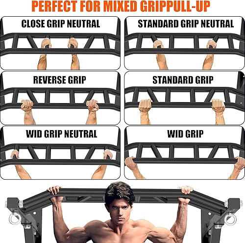 Miniatura 6 de Upgraded-HWOOUSA - Barra de dominadas montada en la pared, barra de agarre múltiple resistente con 14 posiciones de agarre, equipo de gimnasio en