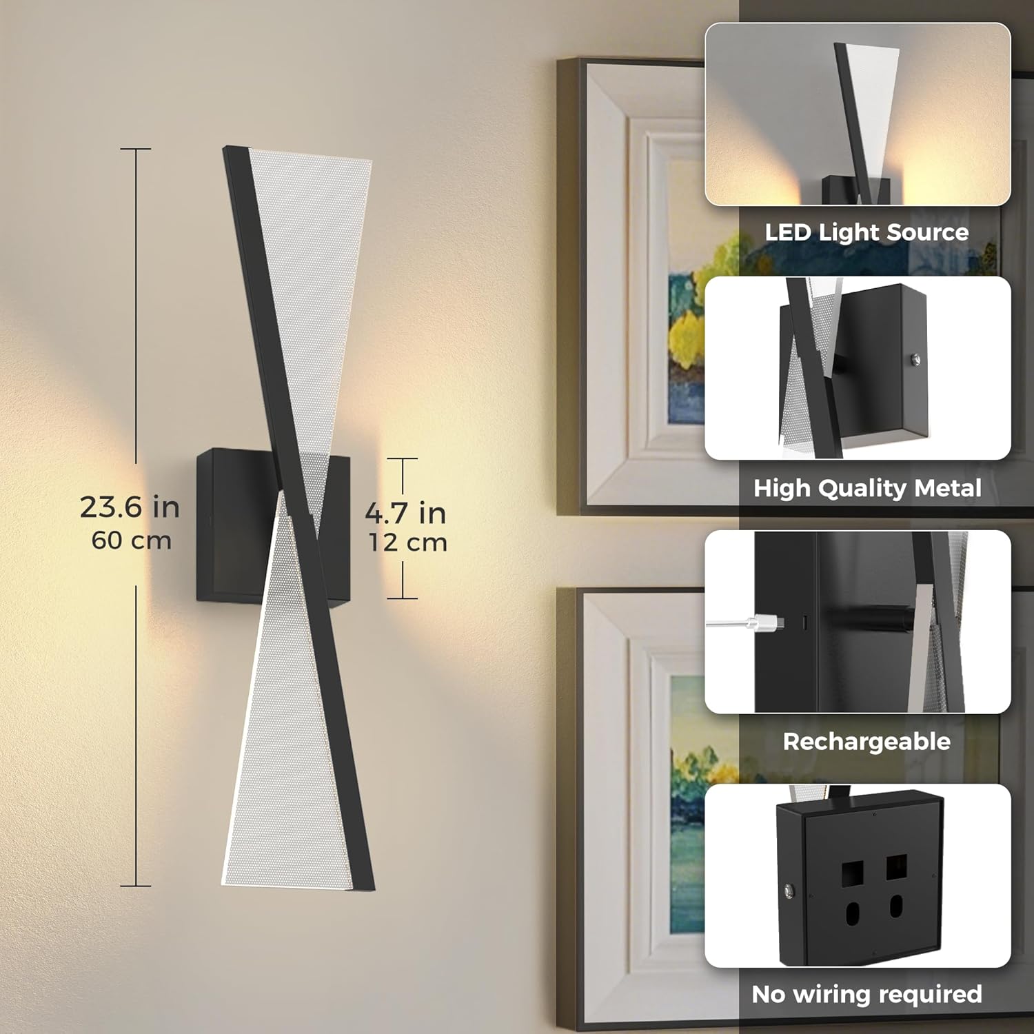 L LOHAS LED Battery Operated Wall Sconces Set of Two, Beautiful Design Vintage Wall Decor, Wireless Wall Sconces Battery Operated, Sconces Wall Decor Set of 2 for Bedroom, Living Room, Black