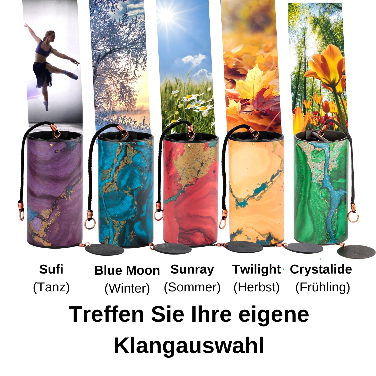 Zaphir Klangspiel 5er Set mit Geschenkverpackung | Freie Auswahl | Windspiel Geschenk | Chimes für Yoga, Kinder und Meditation in Grün - Crystalide, Sufi, Twilight, Sunnray [5 Stück]