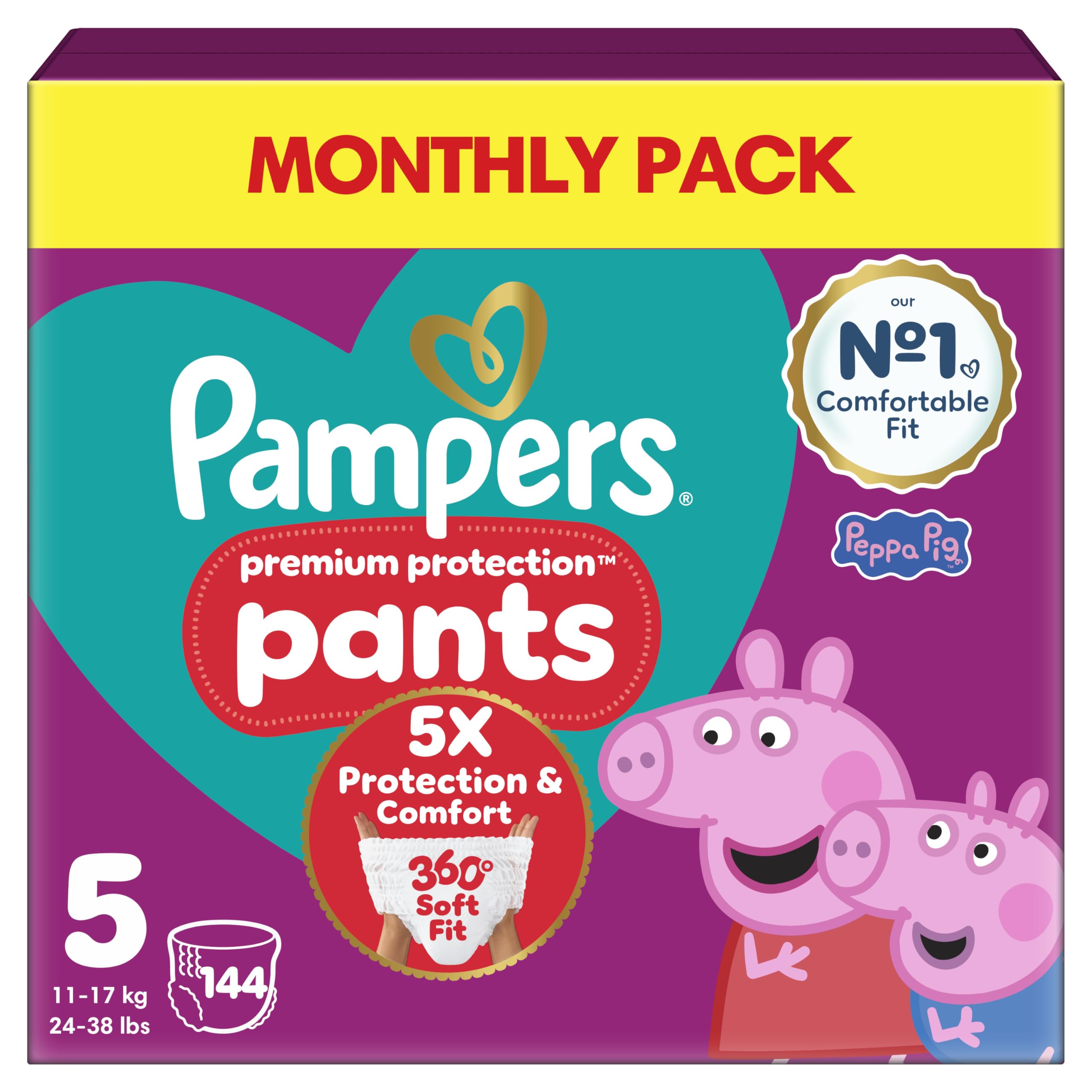Pampers Premium Protection Nappy Pants Size 5, 144 Nappies, 11Kg-17Kg, Monthly Pack + Harmonie Aqua Baby Wipes 1 Pack Of 10 Wipes