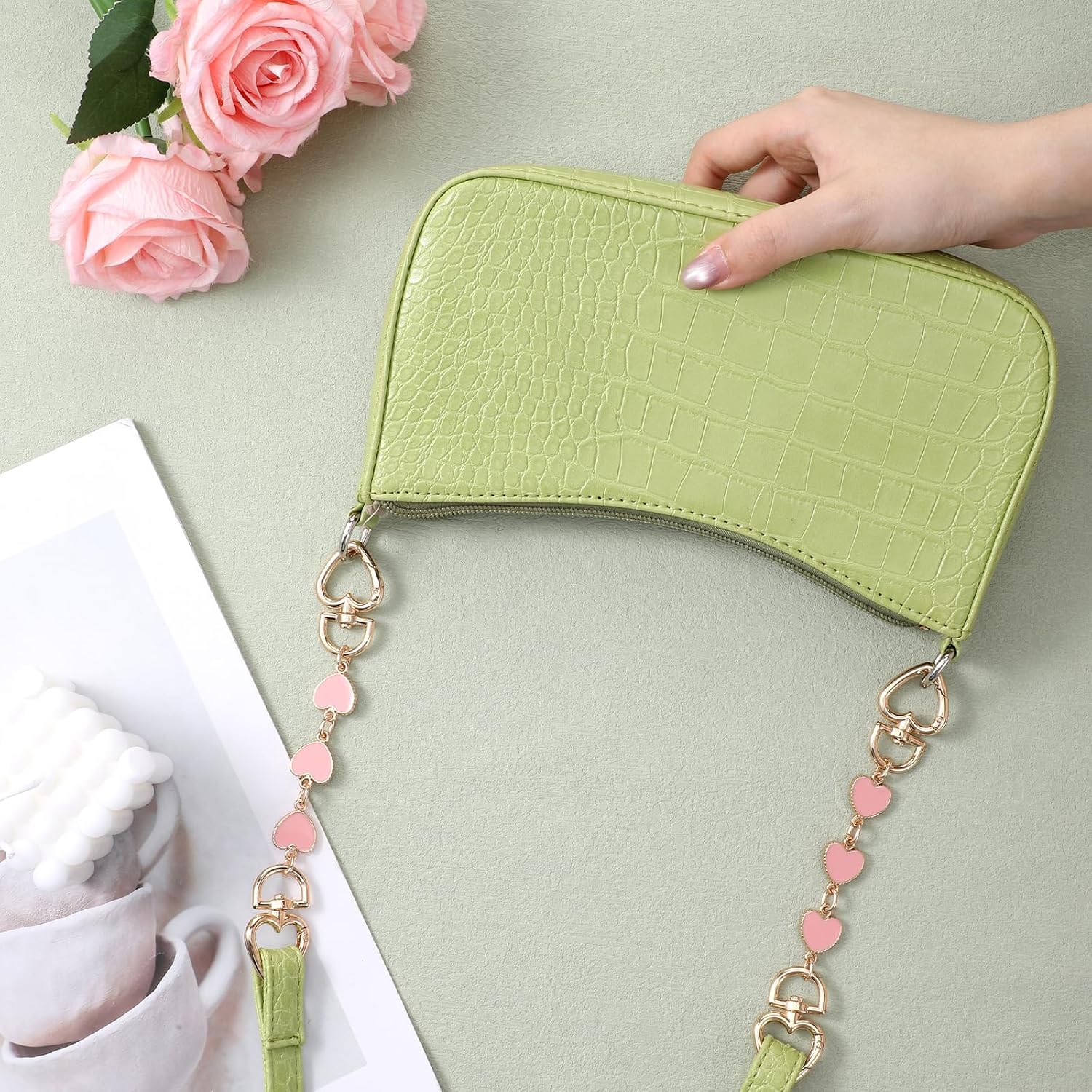 Purse Strap Extender Purse Extender-Chain, 2 PCS Heart Shape Bag Strap Extender Pink Strap-Extender Handbag and Shoulder-Bag Chain-Extender