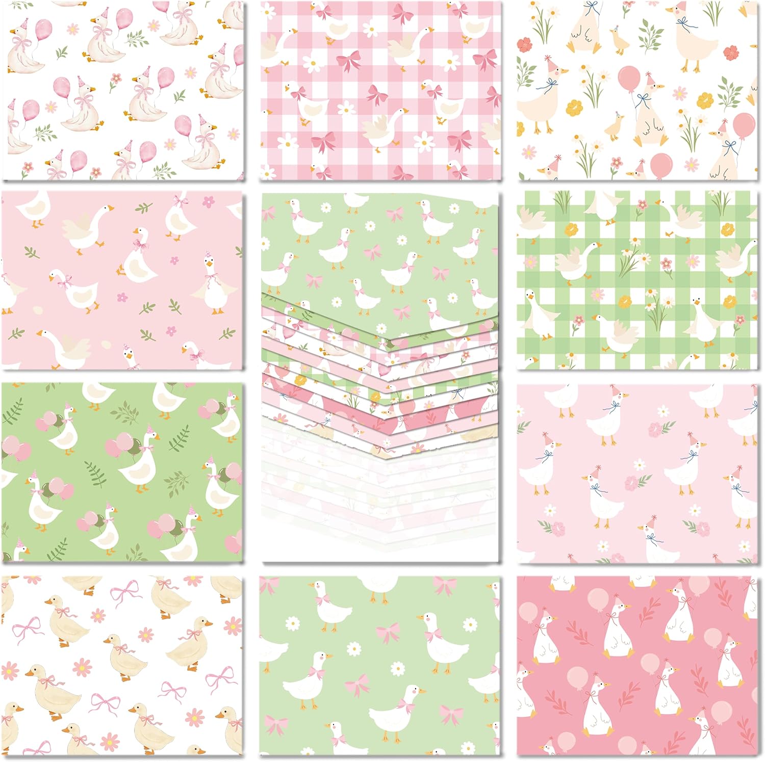 Whaline 10Pcs Silly Goose Cotton Fabric Bundles Pink Bow Plaid Flower Goose Fat Quarters Pink Green Sewing Fabrics for Baby Shower Patchwork DIY Crafts, 18 x 22 Inch
