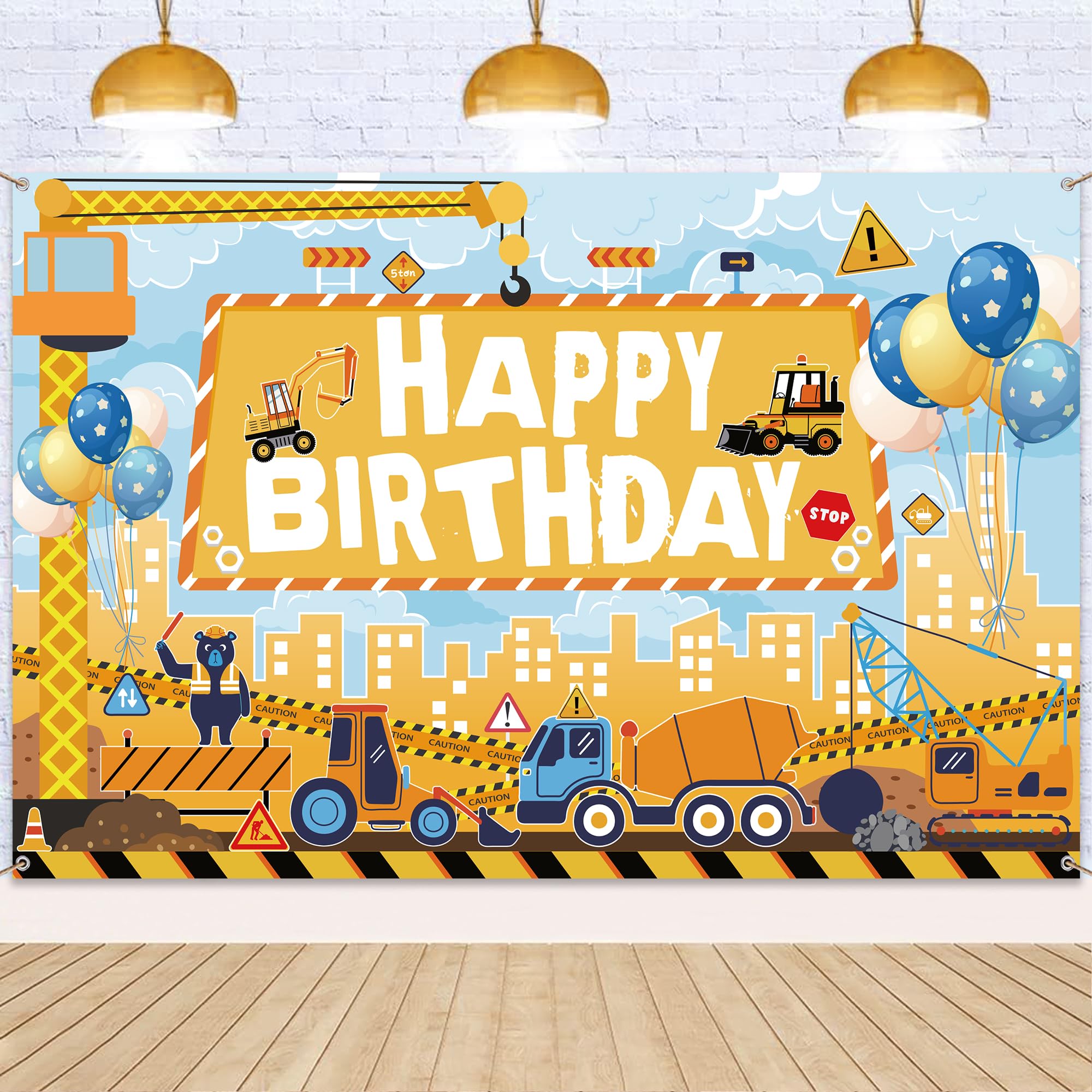 Construction Digger Birthday Party Decorations - Blue Yellow Digger Kid's Large Backdrop Banner Sign Photo Background, with Cute Cement Truck Vehicle Safey Barrier Design 180 x 110