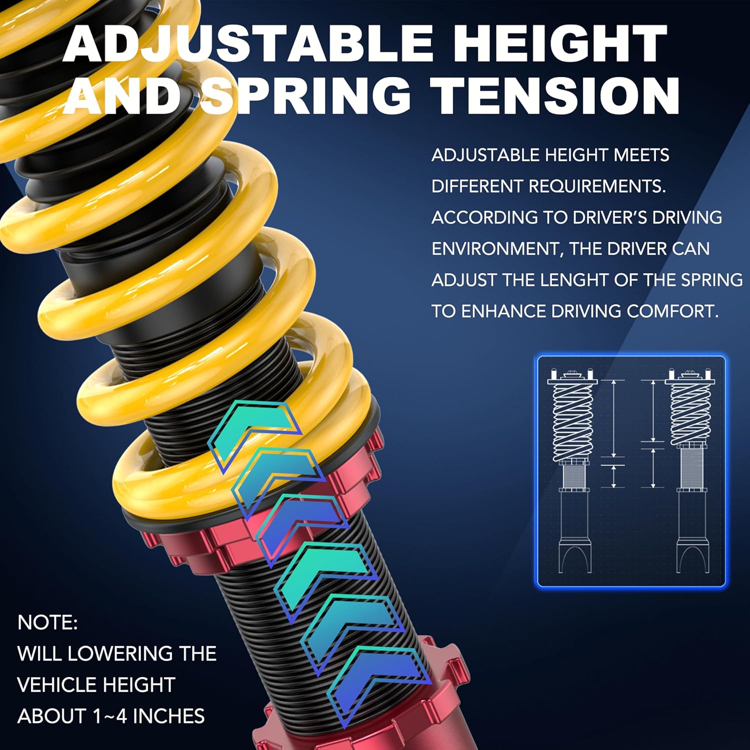 Lowering Coilovers Struts Compatible for 2005-2014 Ford Mustang Front & Rear Shocks Adjustable Height Suspension Coil Spring Strut, Excludes Shelby GT500 (Set of 4)(Yellow)