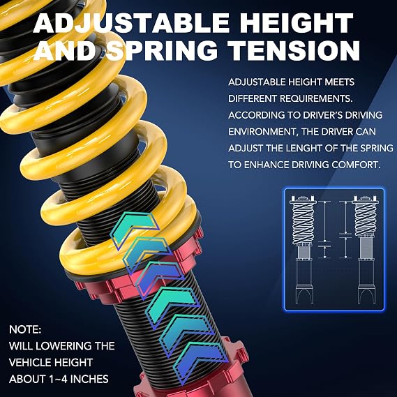 KUIPERAUTO Lowering Coilovers Struts Compatible for 2005-2014 Ford Mustang Front & Rear Shocks Adjustable Height Suspension Coil Spring Strut, Excludes Shelby GT500 (Set of 4)(Yellow)