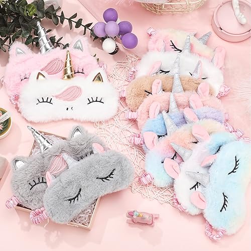 Miniatura 3 de Newcotte 12 máscaras de unicornio para dormir, con diseño de unicornio y arcoíris, de felpa, suaves para dormir, a granel, máscara divertida para