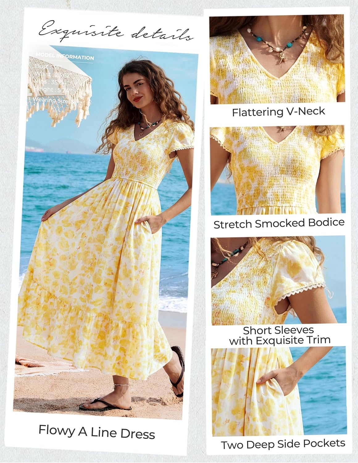 Kate Kasin Women Summer Floral Maxi Dresses 2026, V Neck Smocked Boho Sundress, Flowy Long Beach Vacation Dress with Pockets