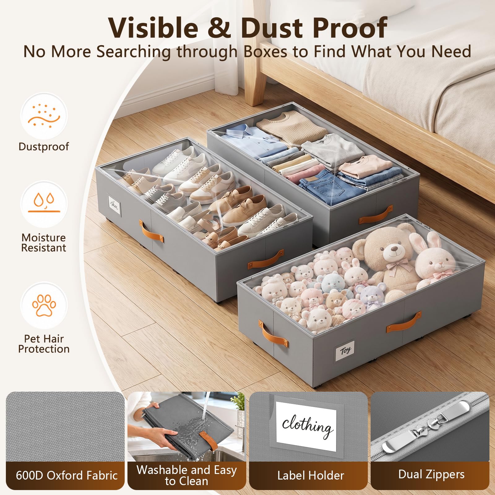 2er-Set Unterbett-Aufbewahrungsbox 65L, mit Rädern & Sichtfenster | 600D Oxford-Stoff mit MDF-Verstarkung – formstabil, reißfest & staubdicht, 84×44×24cm – passt unter Bett, Sofa & Schreibtisch