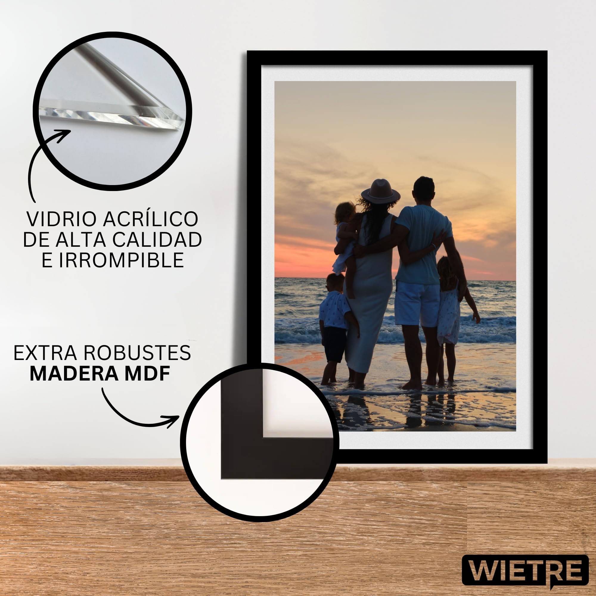 set de 4 marcos A4 21x30 cm madera MDF negra | marco póster | cristal acrílico inastillable | para colgar y poner de pie - para fotos, cuadros y pósters
