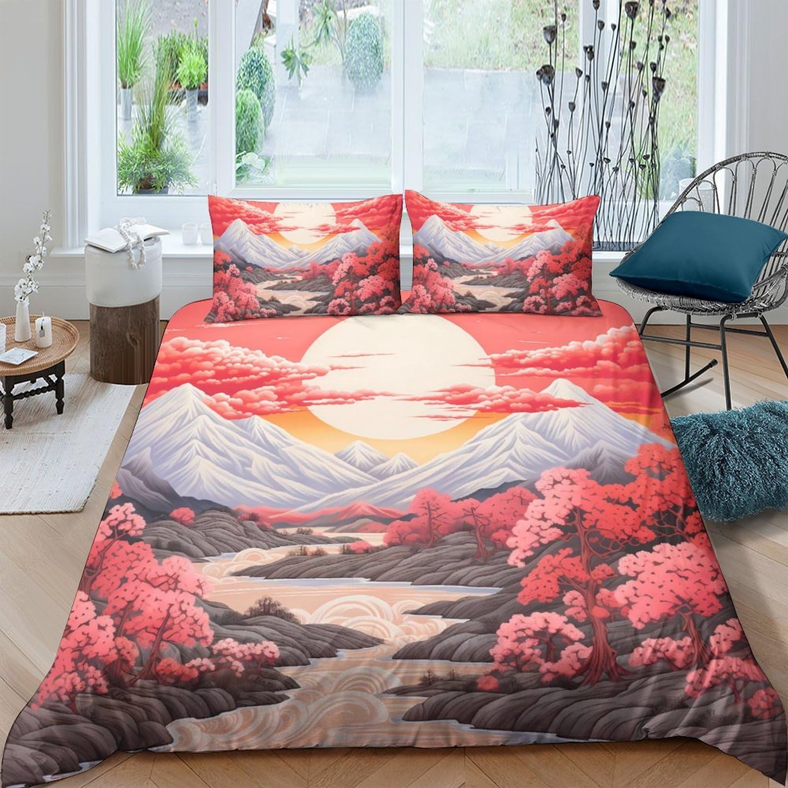 Ctjqhvkz Style-8 3D Printed Sunset Mountain Fitted Sheet Microfiber Decorative River Landscape Bed Cover For Bedroom Guest Room Single（135X200cm）