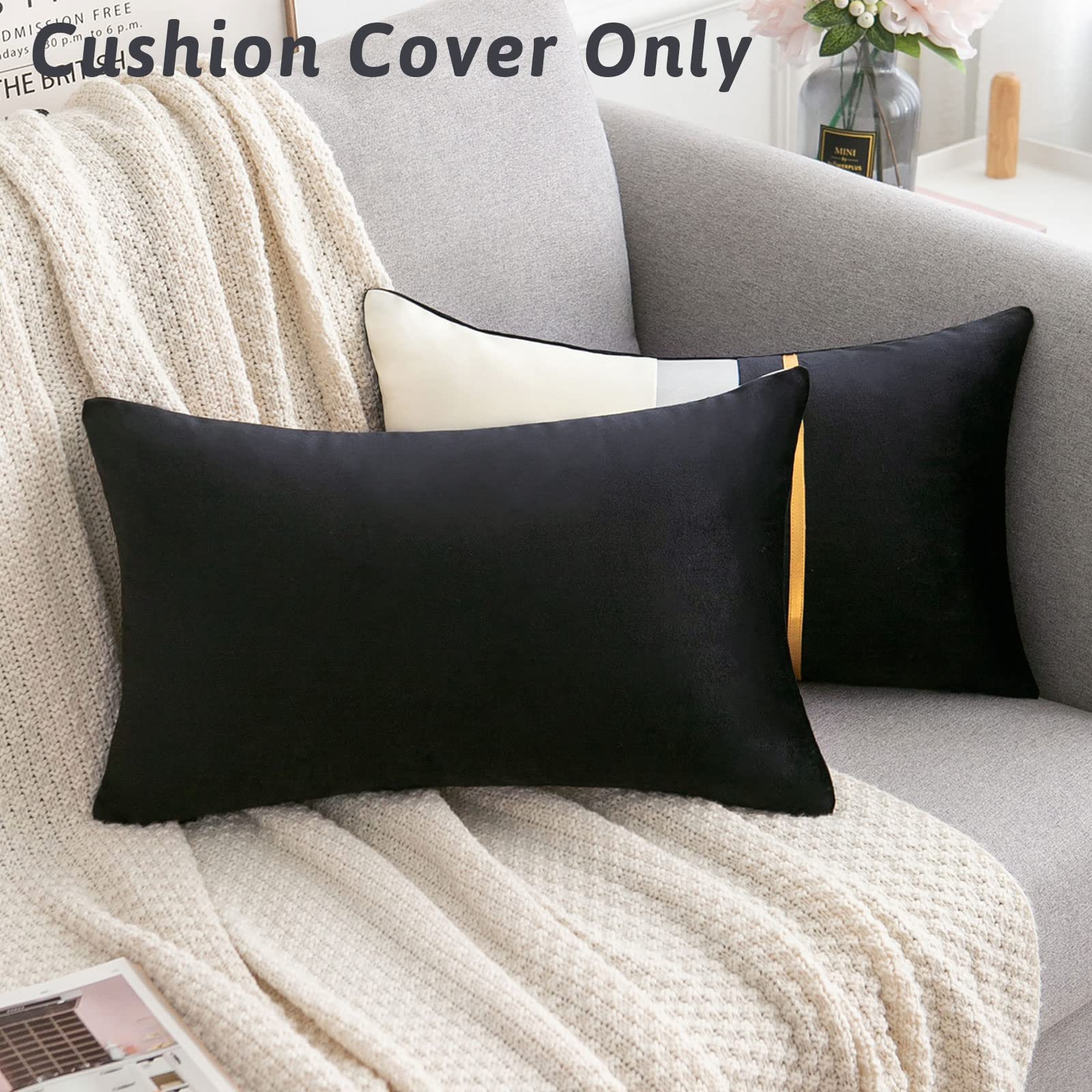 QAWACH Lambskin Leather Pillow Covers - 22x30 Inch Rectangle Throw Covers, Pack Of 2, Black
