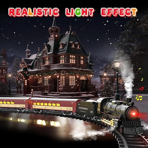 Miniatura 6 de Conjunto de Tren Hot Bee para Niños, Juego de Tren de Navidad con Control Remoto con Locomotora de Vapor, Coches de Pasajeros Ligeros y Pistas,
