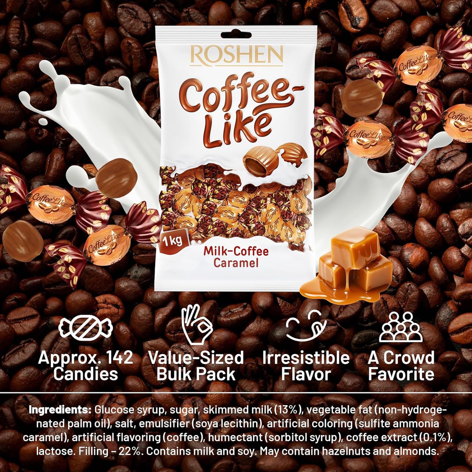 Deliex delicias de Extremadura. Caramelos Roshen 1 kg – Jelly, Crazy Bee Fruty, Coffee Like o Milky Splash – Bolsa de Caramelos Surtidos Envuelto Individualmente (Coffee Like)