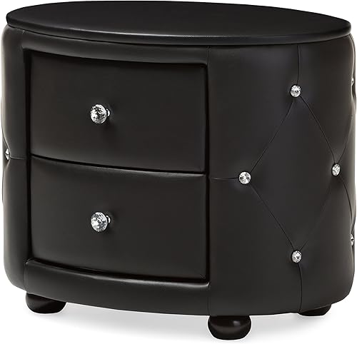 Baxton Studio Davina Hollywood Glamour Style - Mesita de noche ovalada tapizada de piel sintética con 2 cajones, tamaño mediano, color negro