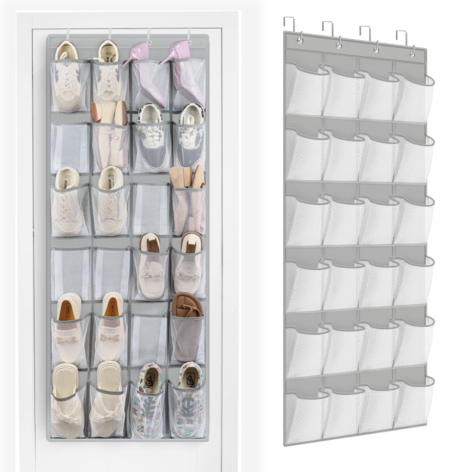 FENTEC 24 Pockets Over the Door Shoe Organizer Hanging Shoe Organizer for Closet, Space Saving Mesh Large Pocket Shoe Storage and Organizer, Shoe Holder for Apartments Garages, Grey 1 Pack