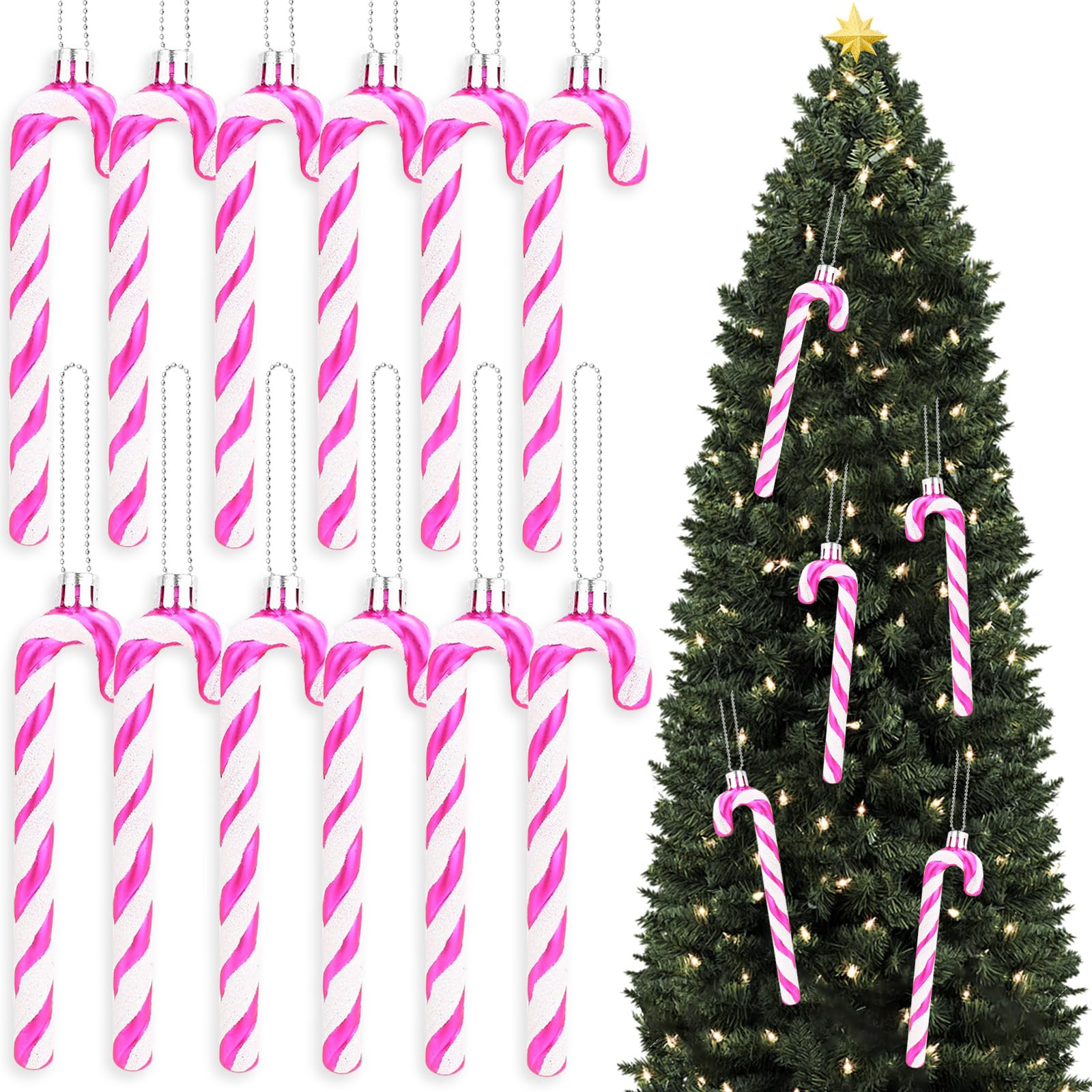 Axinyijia 12 Piezas Bastón Caramelo con Purpurina Navidad, Árbol de Navidad con Decoración de Bastón de Caramelo, Bastones de Caramelo Decoración de Navideños Colgantes (Rosa roja)