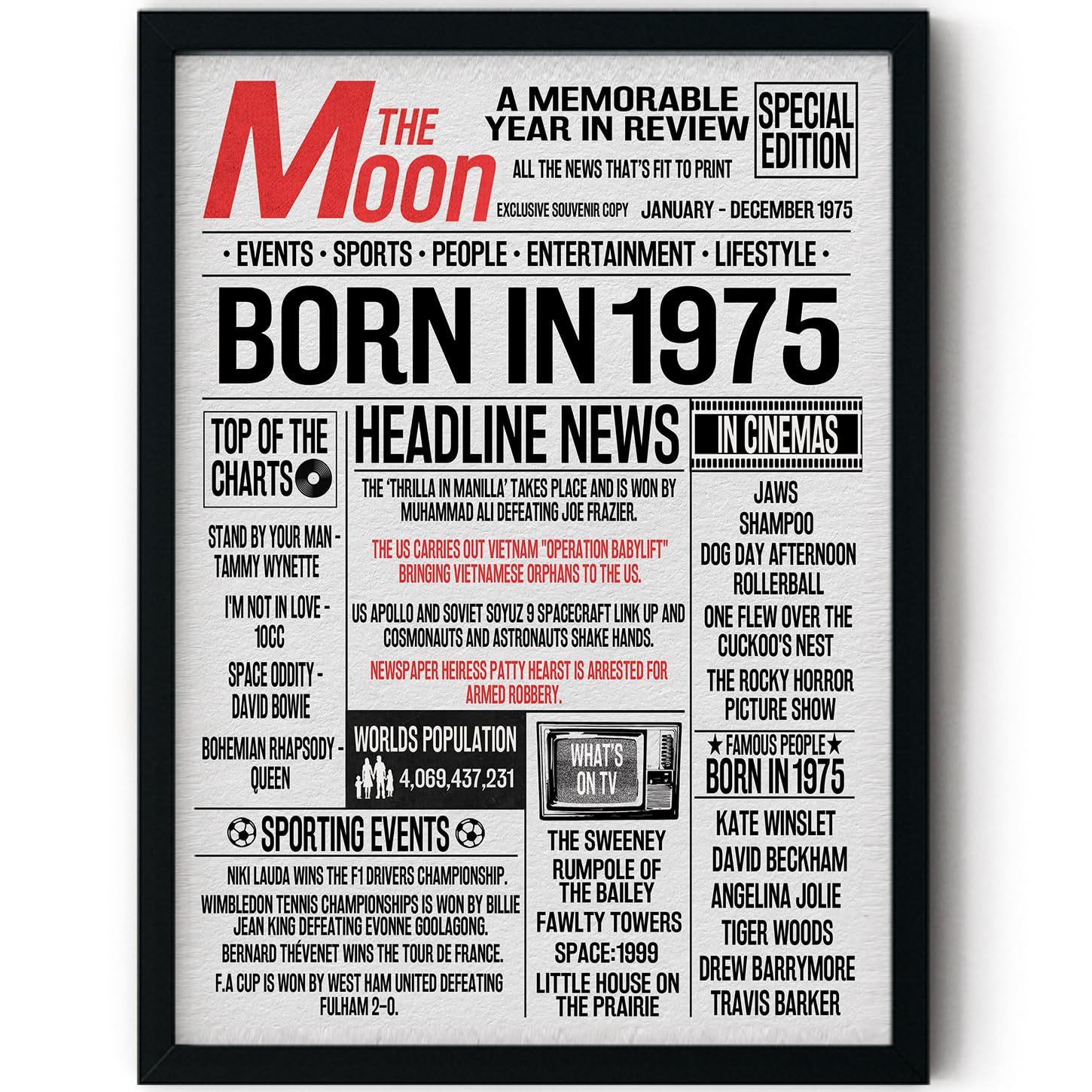 Stuff4 51st Birthday Poster Framed - Born In 1975 Newspaper - Happy 51st Birthday Gifts for Men Women Vintage Retro Back In 1975, 8x10 Inch Bday Party Decor Decoration