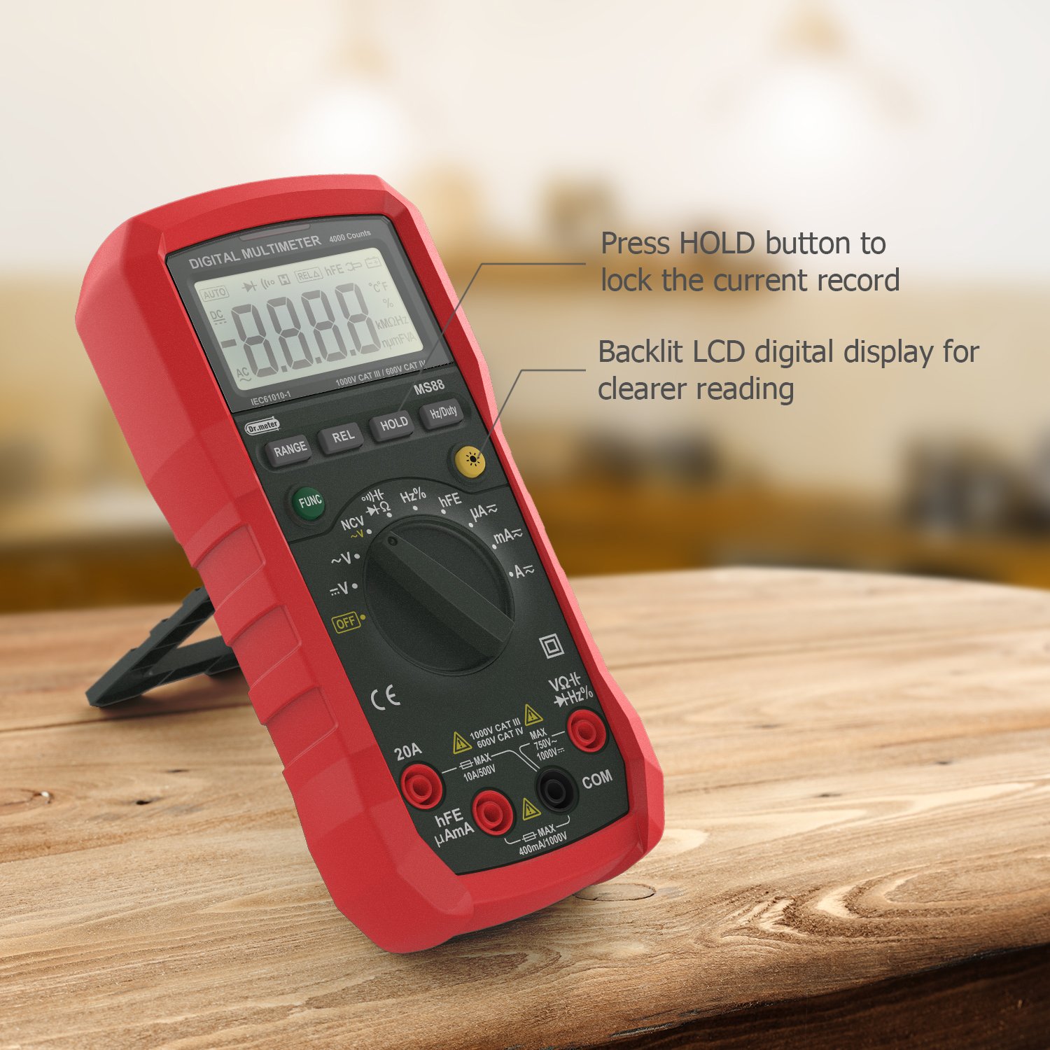 Dr.Meter MS88 Multimeter showing data hold and backlight