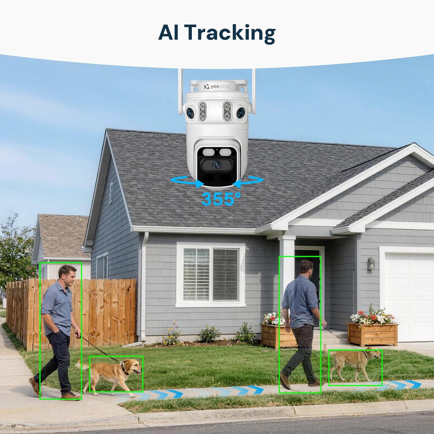 yeewise Triple Lens WiFi Security Camera with AI Tracking, WiFi 6 Outdoor PTZ Camera, 360° View Home Security, 5/2.4Ghz Dual Band, Easy Bluetooth Setup, Plug-in Power
