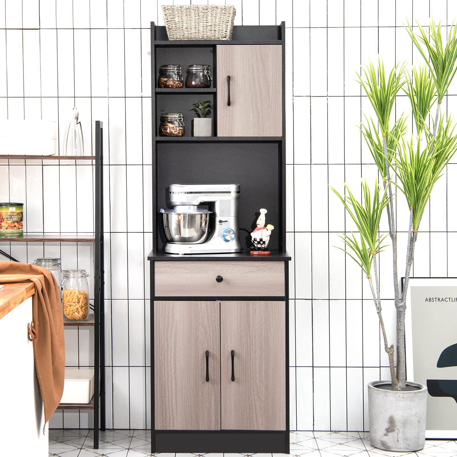 GIANTEX Küchenschrank Buffetschrank Küche, Mehrzweckschrank 60cm Breit, Mikrowellenschrank Hoch 180cm, Aufbewahrungsschrank mit Schublade & verstellbaren Einlegeböden, Hochschrank mit Kippsicherung