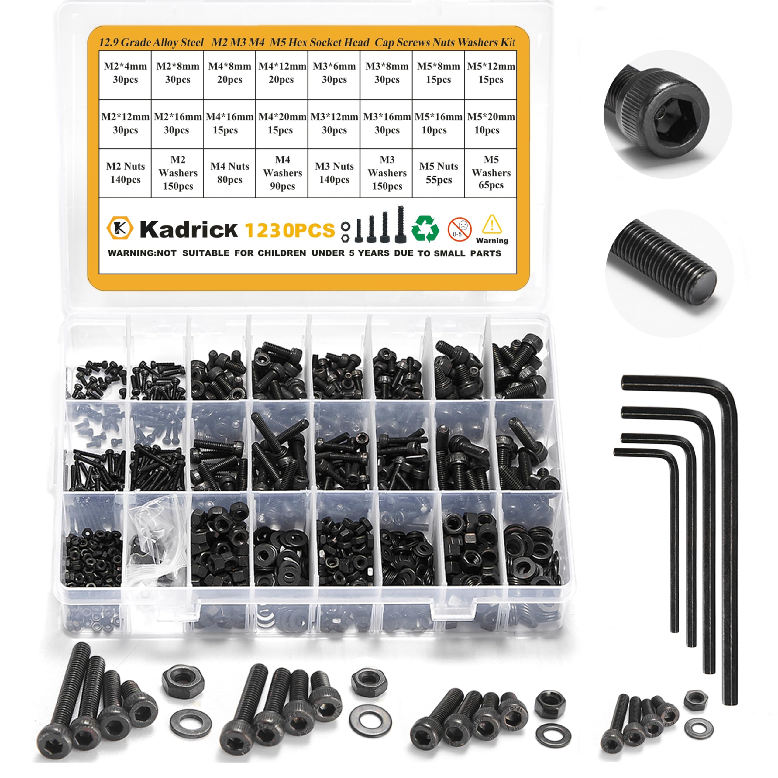 Kadrick M2 M3 M4 M5 Screws Nuts and Washers Assortment, Grade 12.9 Alloy Steel, Hex Socket Head Cap Metric Bolts and Nuts Kit, Black Zinc Palted,Anti