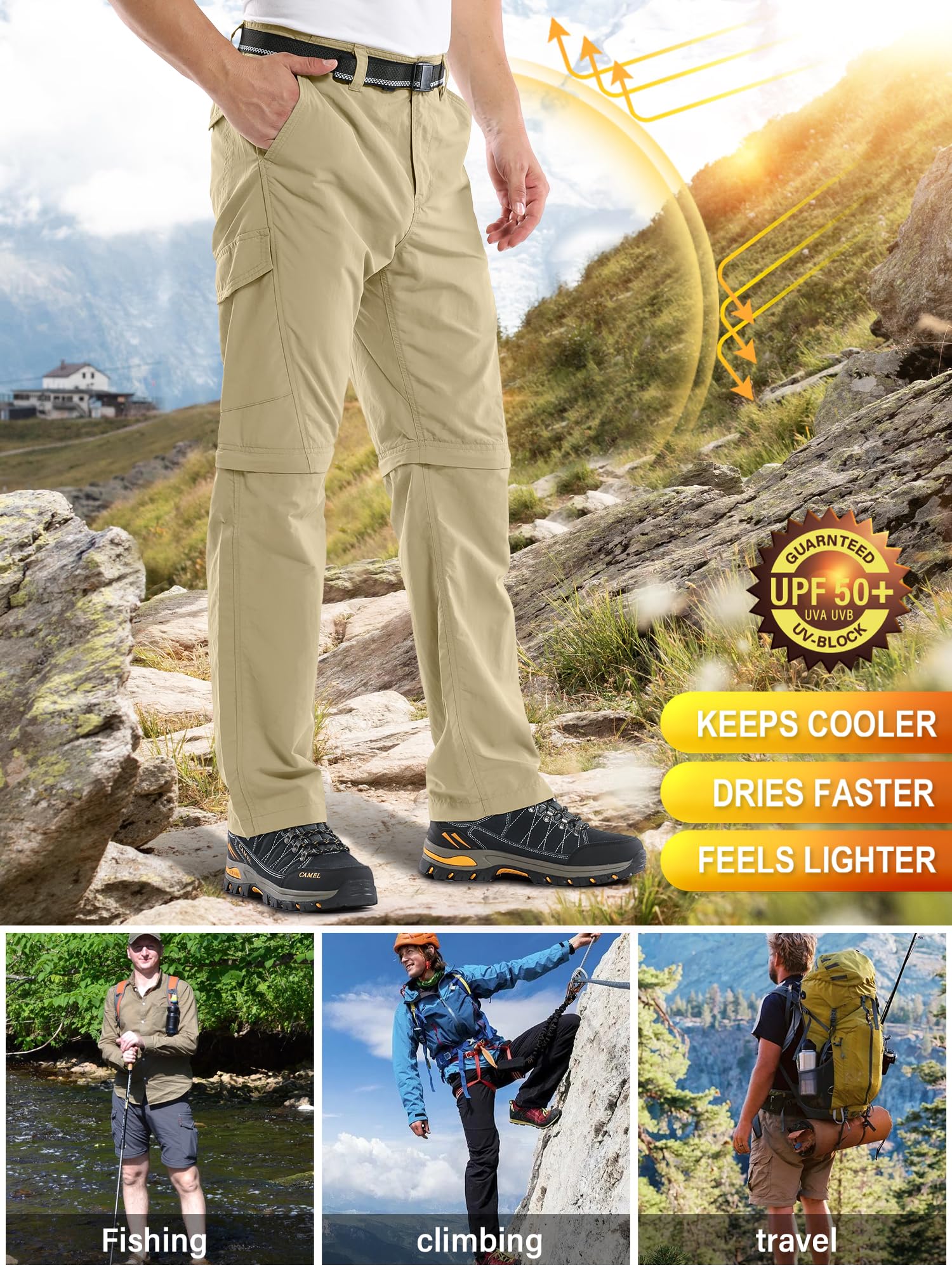 Pantalon de randonnée convertible léger pour homme - Séchage rapide - Fermeture éclair - Pour la pêche, le safari, le camping