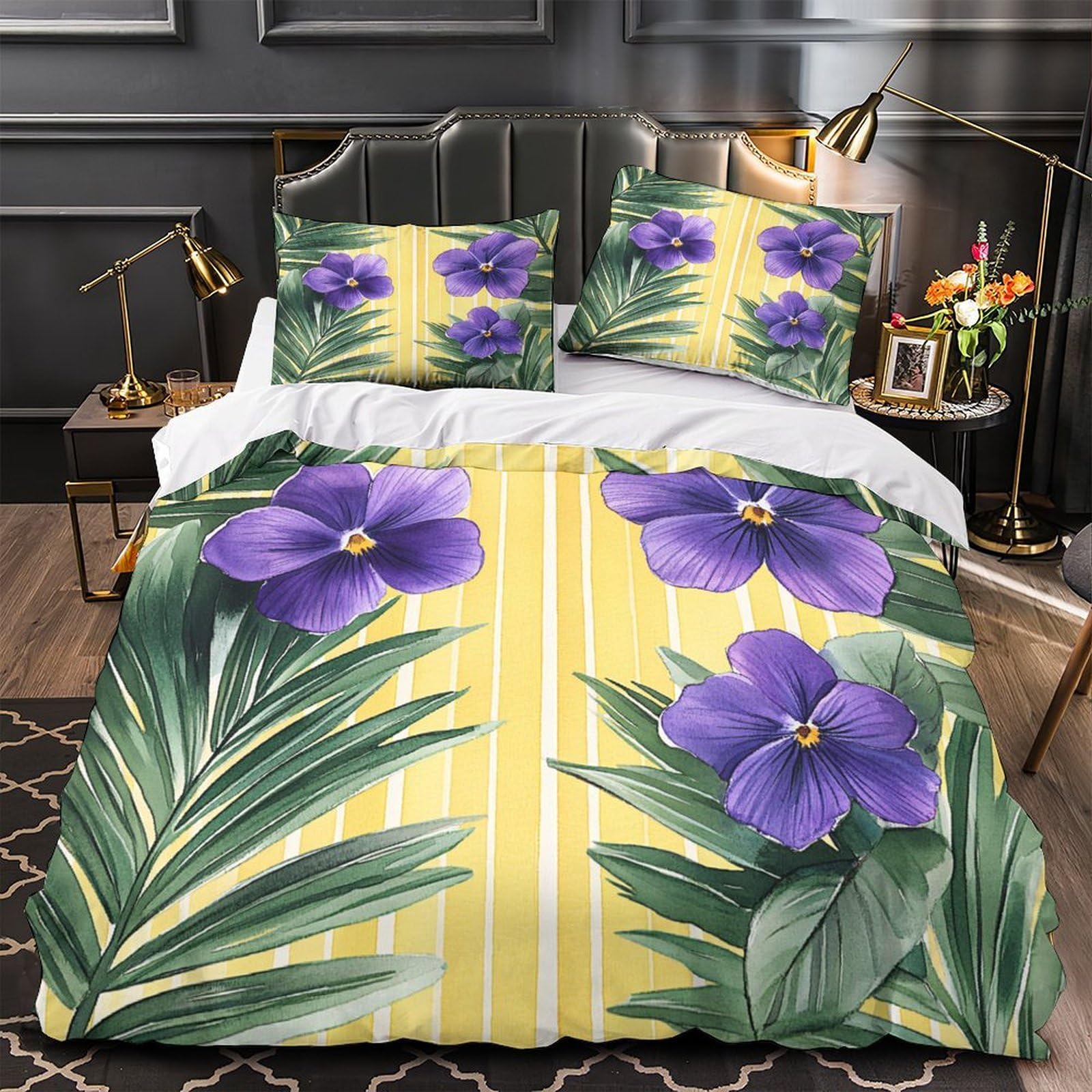 Lila Blumen 3-teiliges Pflegeleichtes Polyester Tropische botanische Kunst Bettbezugset, 2 Kissenbezug, Unsichtbarer Reißverschluss, Für Erwachsene, Babysicher King（220x240cm）