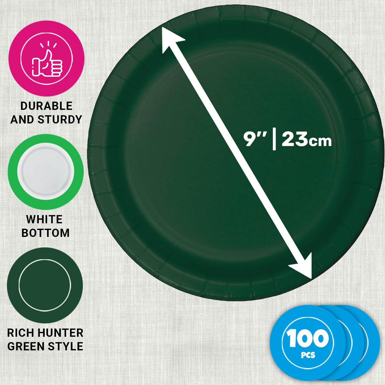 CUSINIUM 100-Pack 9" Hunter Green Paper Plates - Disposable Dinner Plates for Parties & Events - Image 2