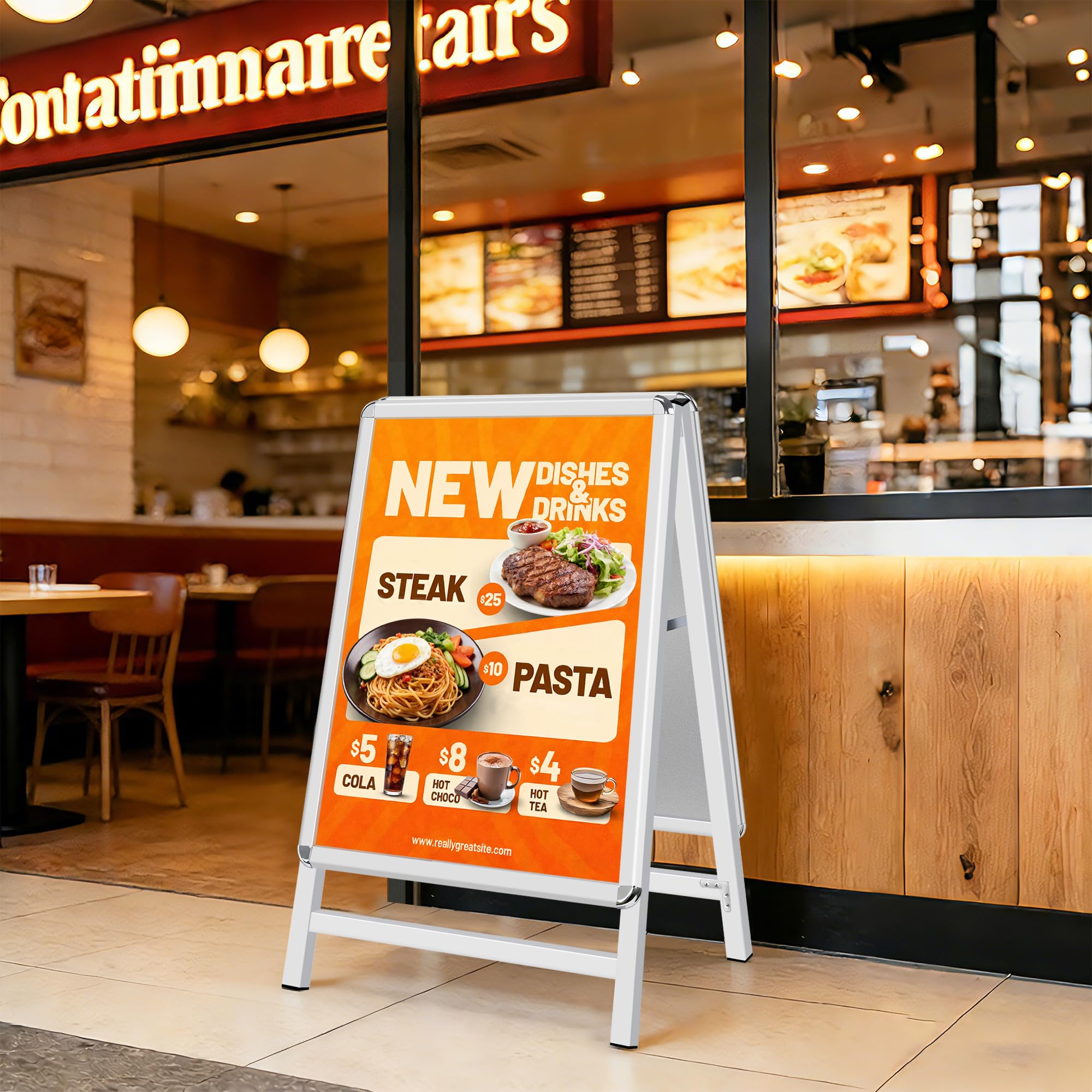 A Board Pavement Sign Frame - A2 tablero del pavimento de doble cara con aluminio Snap Frame Sign Stand para al aire libre Heavy Duty Cartel Menú Stand Publicidad Display Stand, Plata