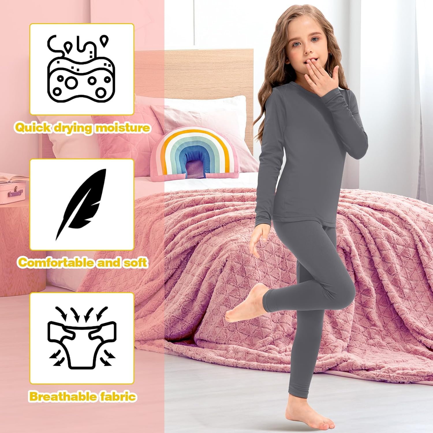 Silkfly 5 Set Girls Thermal Underwear Set Fleece Lined Long Winter Underwear Kids Base Layer Thermal Top Bottom Warm - Image 4