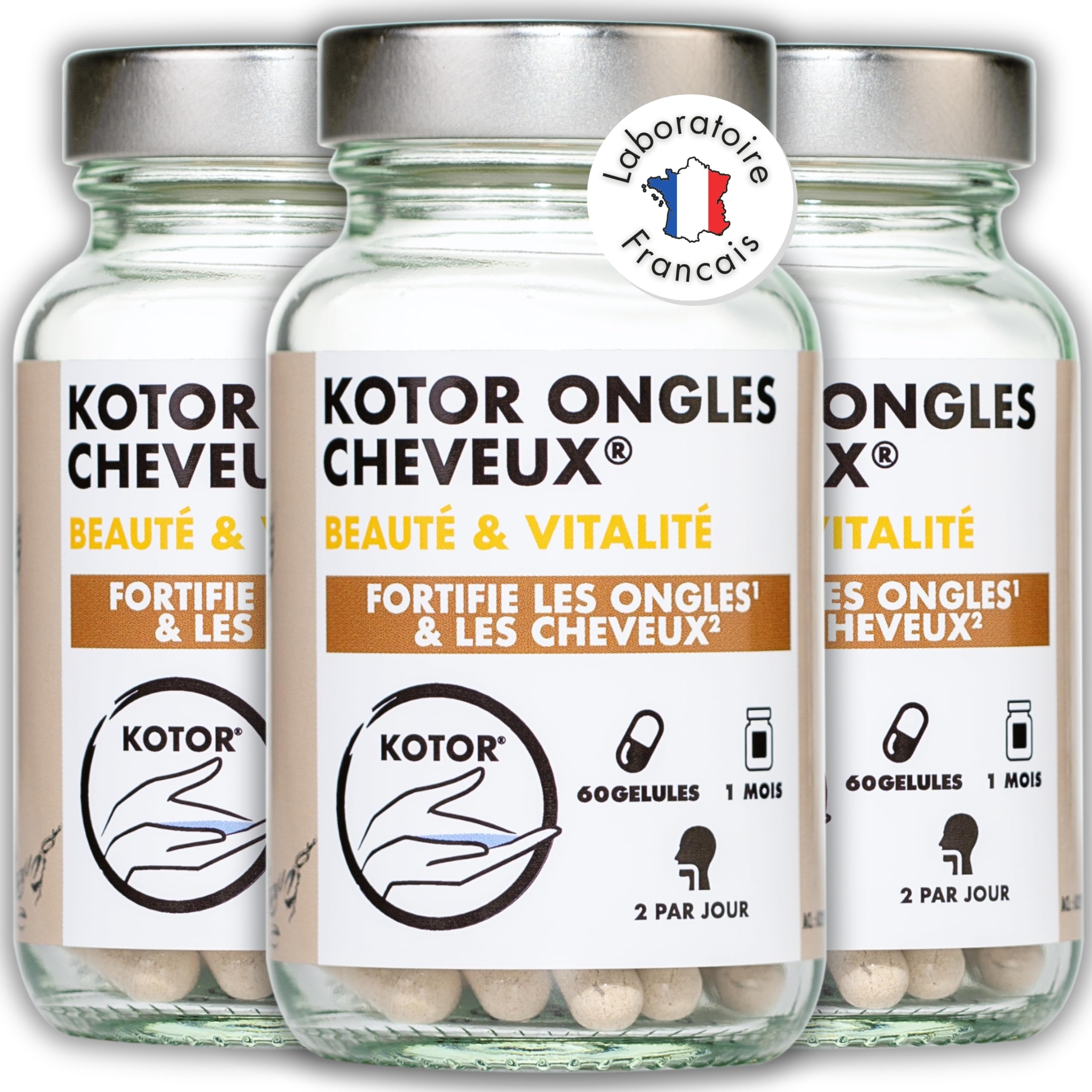 Lot de 3 ONGLES CHEVEUX | Beauté, Pousse, Croissance et Fortification | Complément Naturel | Biotine + Zinc + Germe de Blé + Levure de Bière + Vitamines E, B5 et B6 | 60 Gélules | Francais