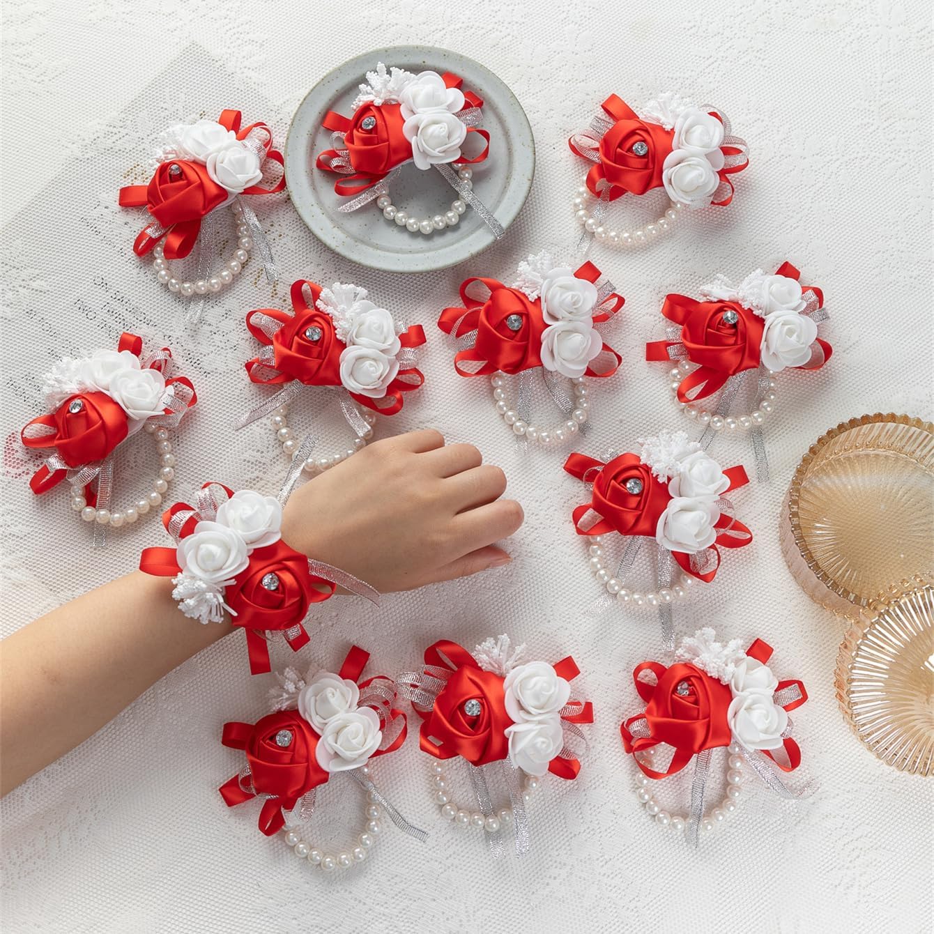 12Pcs/lot Women Bride Bridal Bridesmaid Wrist Corsage Silk Rose Pearls Girls Wedding Hand Flowers Party Decoration (Gold 2)