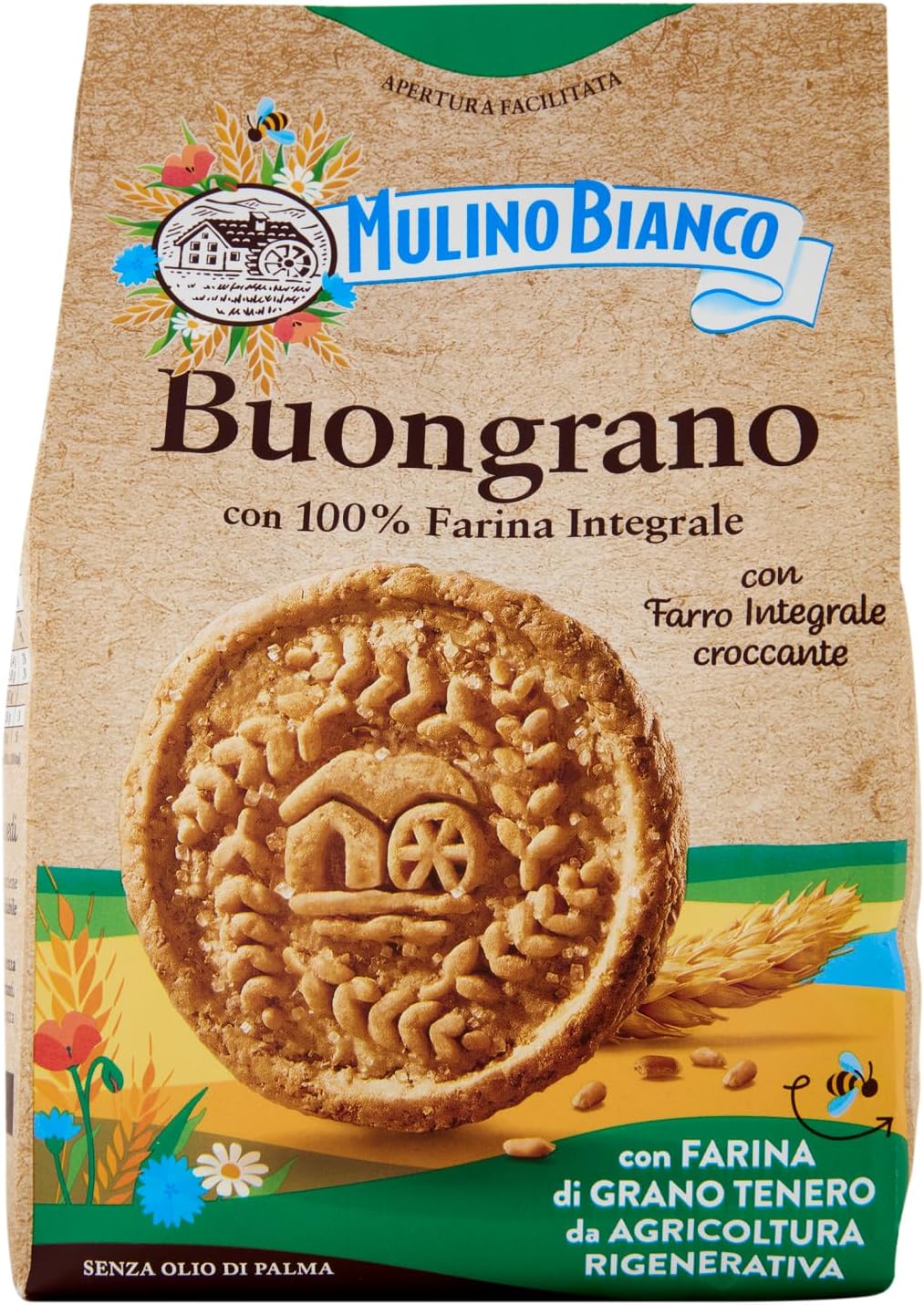 Mulino Bianco Biscotti Buongrano con 100% Farina Integrale, Colazione Ricca di Fibre e Gusto - 350 gr