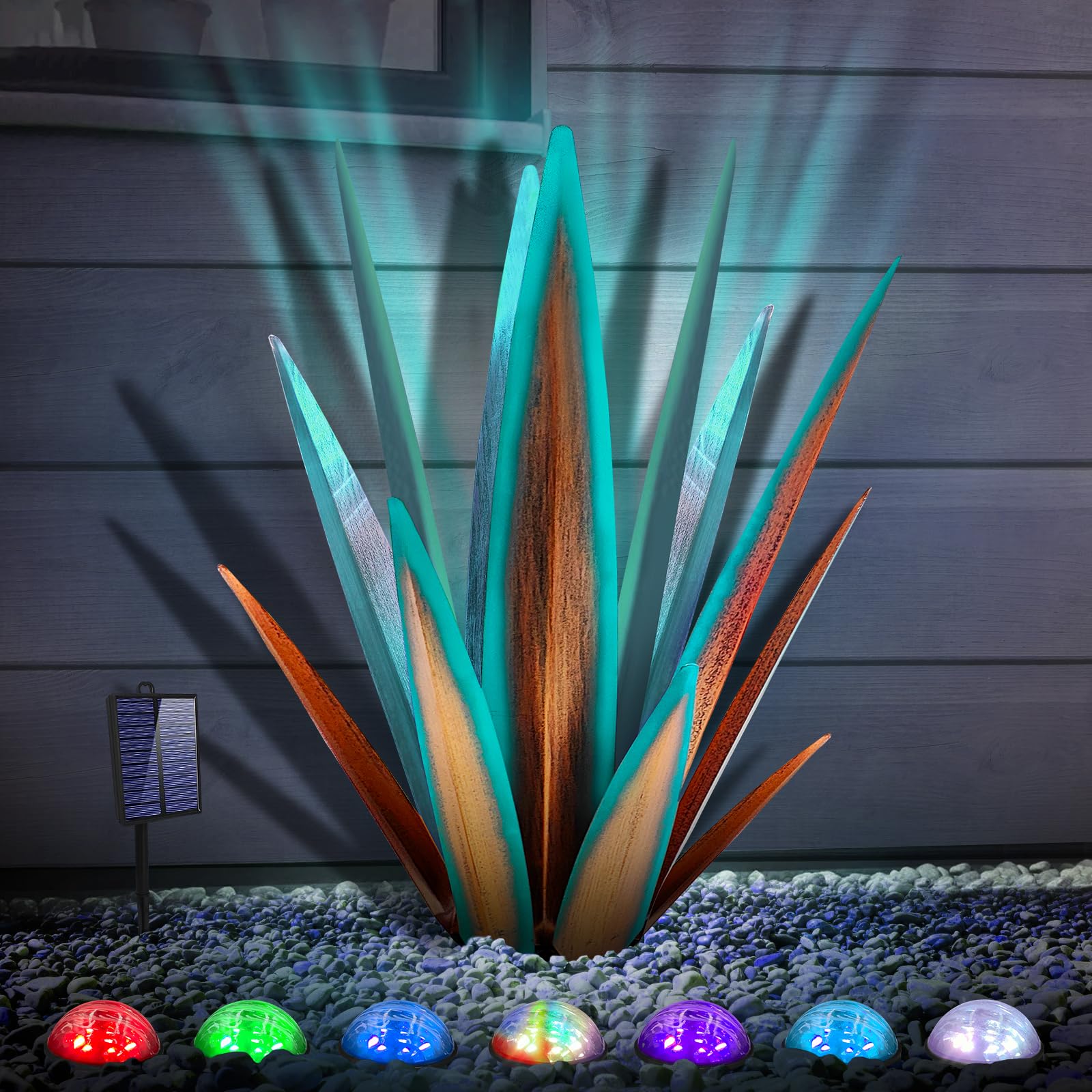 KODIBO Large Tequila Rustic Sculpture, Rustic Metal Agave Plants for Outdoor Patio Yard, Home Decor Hand Painted Metal Agave Garden Yard Statue, Outdoor Lawn Ornaments (Blue - L (W/Solar Light))