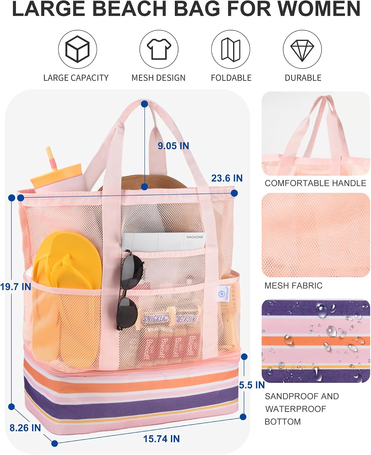 Genteen Sandproof Mesh Beach Bag with Detachable Cooler, Waterproof Zipper Tote Bag for Women Swim Pool Vacation Travel