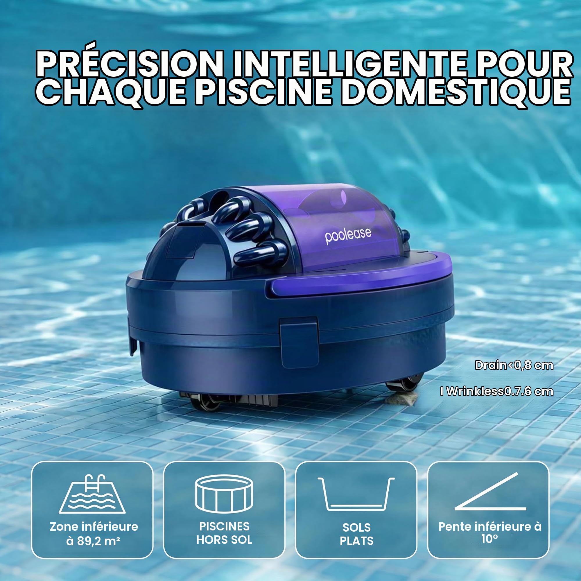 Robot De Piscine sans Fil À Double Moteur & Double Filtration, 100 Min D’Autonomie, Charge Rapide en 2,5H, Aspiration Puissante, Nettoyeur Automatique Adapté Aux Piscines À Fond Plat Jusqu’à 90 M² | Robot nettoyeur de piscine 100 min d'autonomie, avec deu