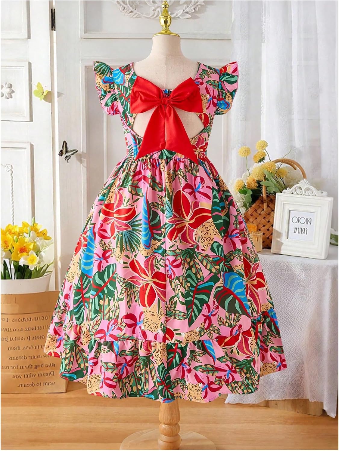 Floerns Girl's Tropical Cut Out Bow A Line Sundress Cap Sleeve Flared Ruffle Vacation Midi Dresses - Image 2