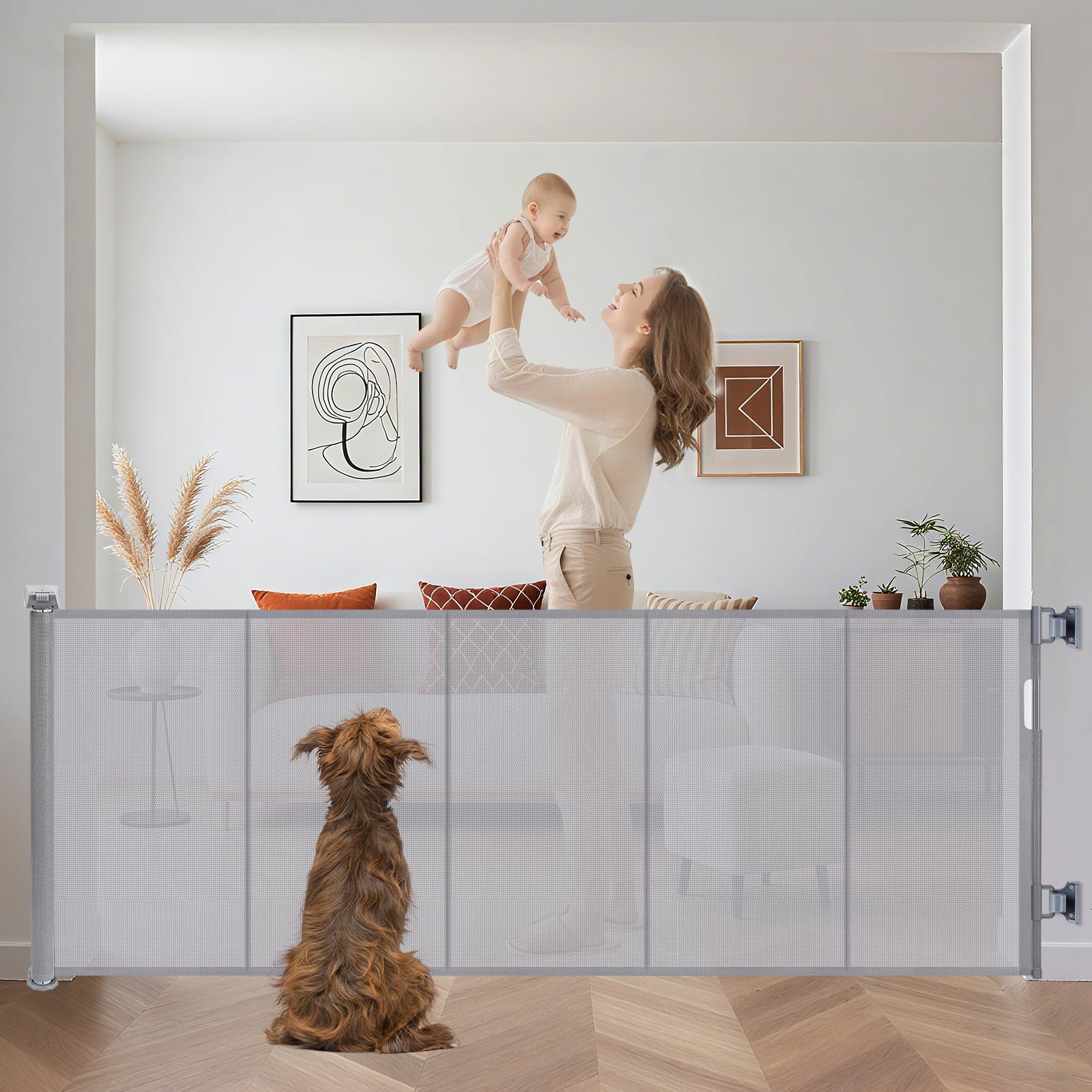 Extra Wide Retractable Baby Gates Pet Gate for Wide Openings Long Dog gate with Rods to Prevent Crawling Through