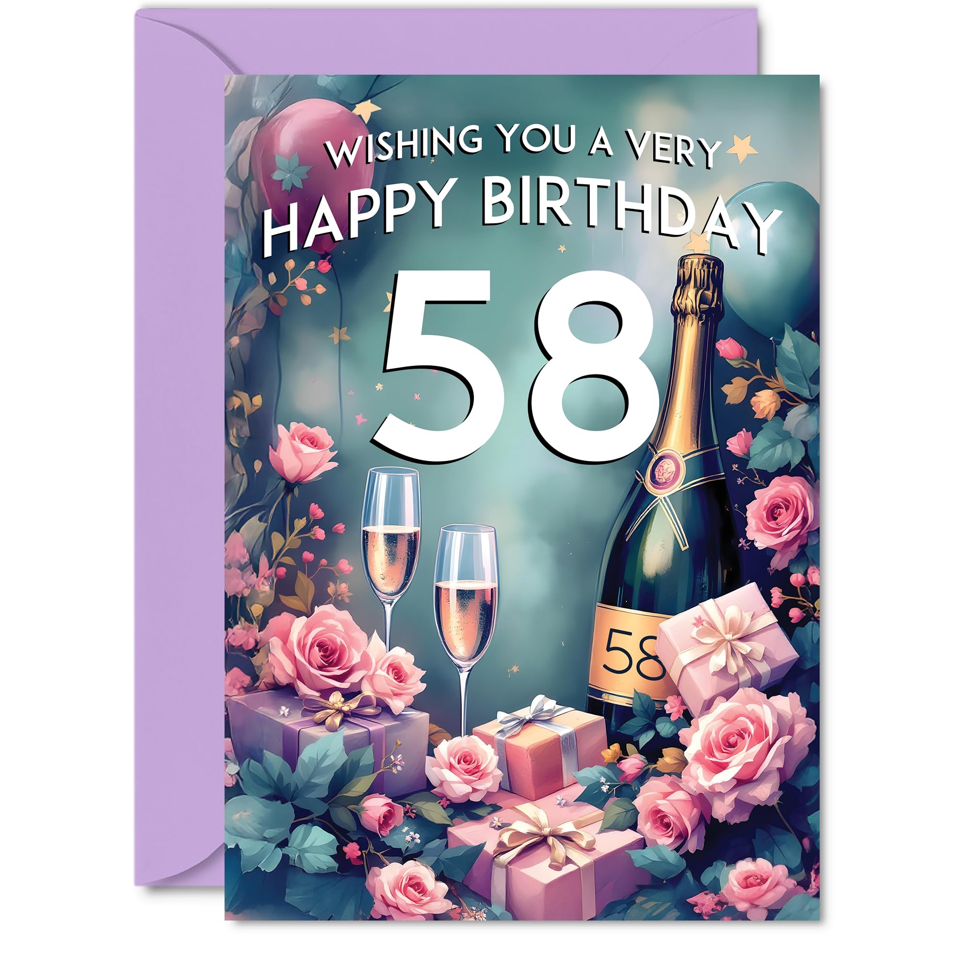 58th Birthday Card - Pink Presents Champagne Bottle - Gorgeous Pretty Beautiful Birthday Cards for 58 Year Old Woman Women, A5 Greeting Cards Gift