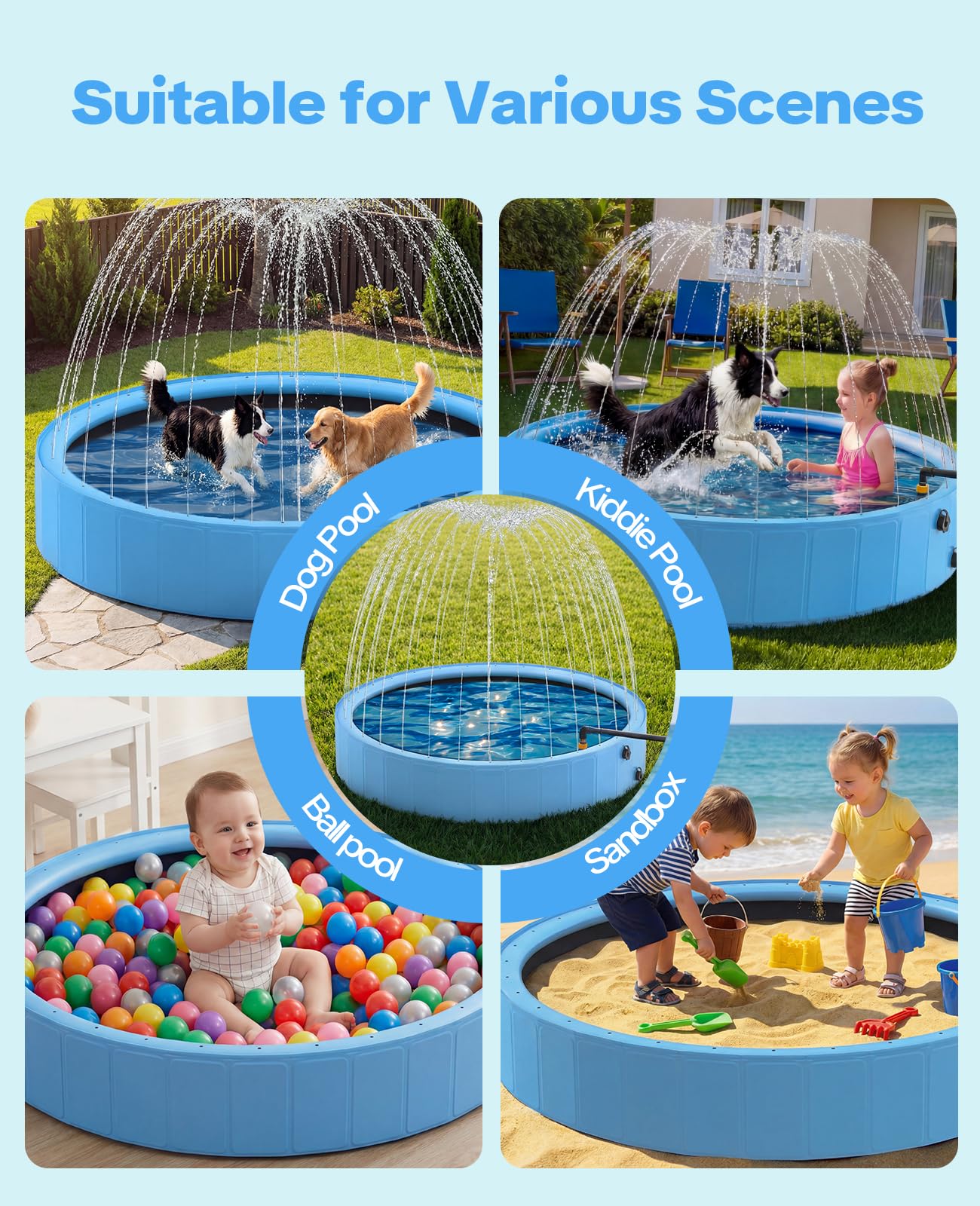 Piscine pour Chien avec arroseur, 200 cm | pliable pour grands chiens, baignoire 2 en 1 en PVC antidérapant pour jardin, bleu